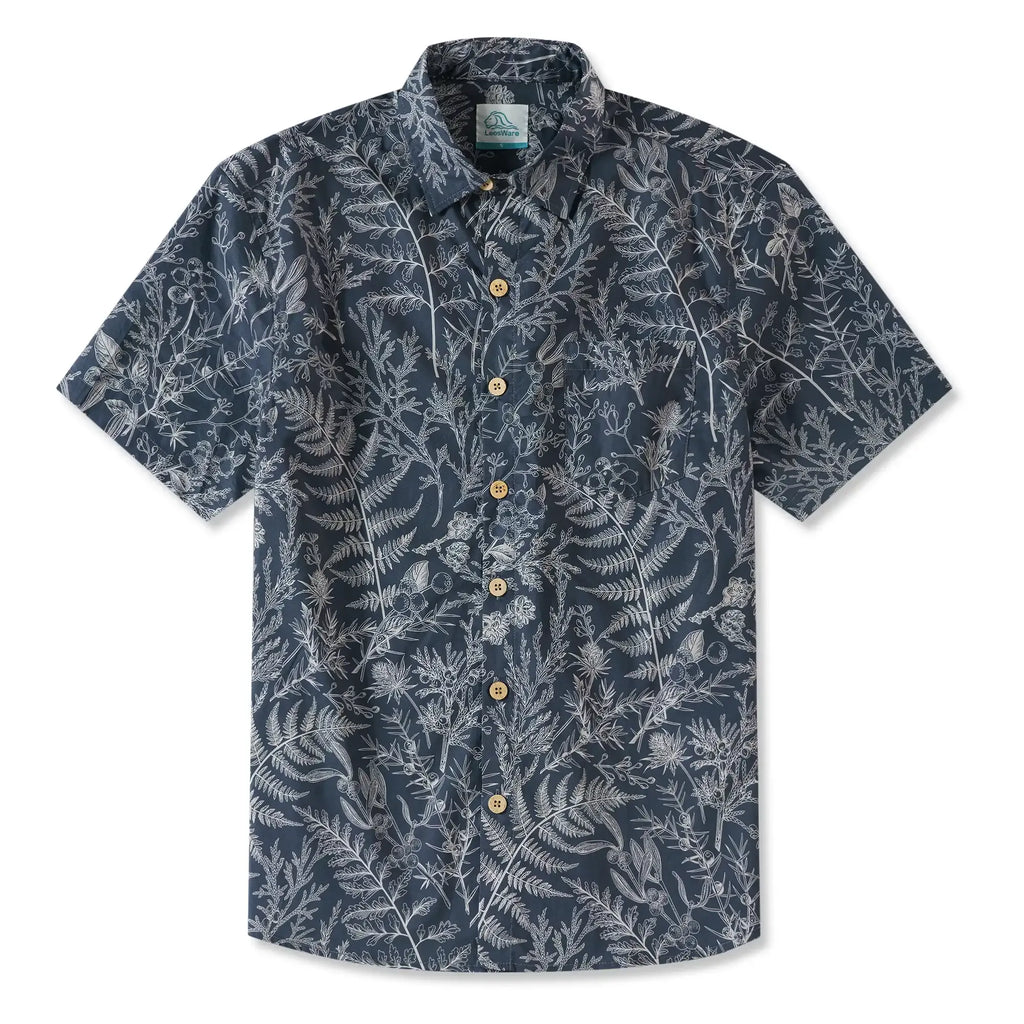 LeosWare® Men's Hawaiian Shirt Short Sleeve Button-up 100% Cotton Blue Aloha Enchanted Fern Grove Journal