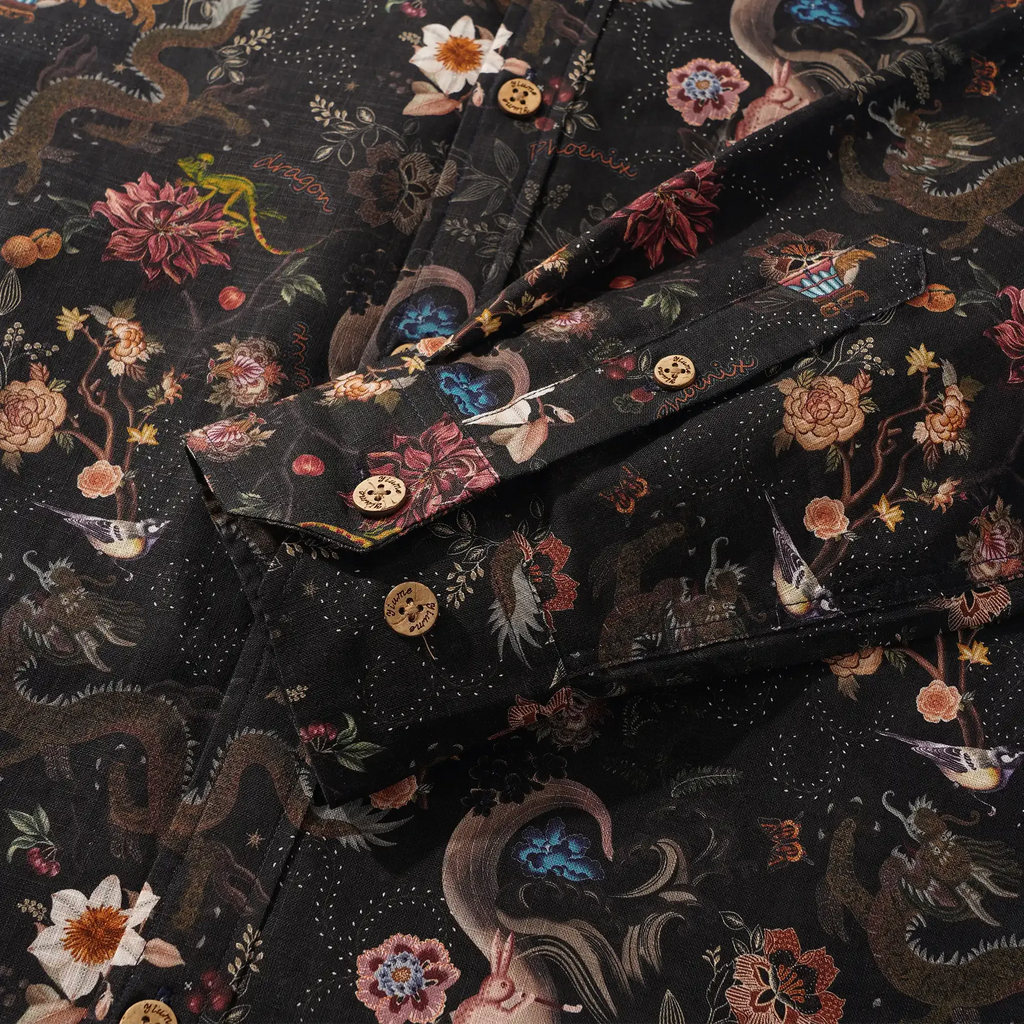 Men's Hawaiian Shirt Long Sleeve Button-down 100% Cotton Black Aloha Ink Charm Eastern Dream