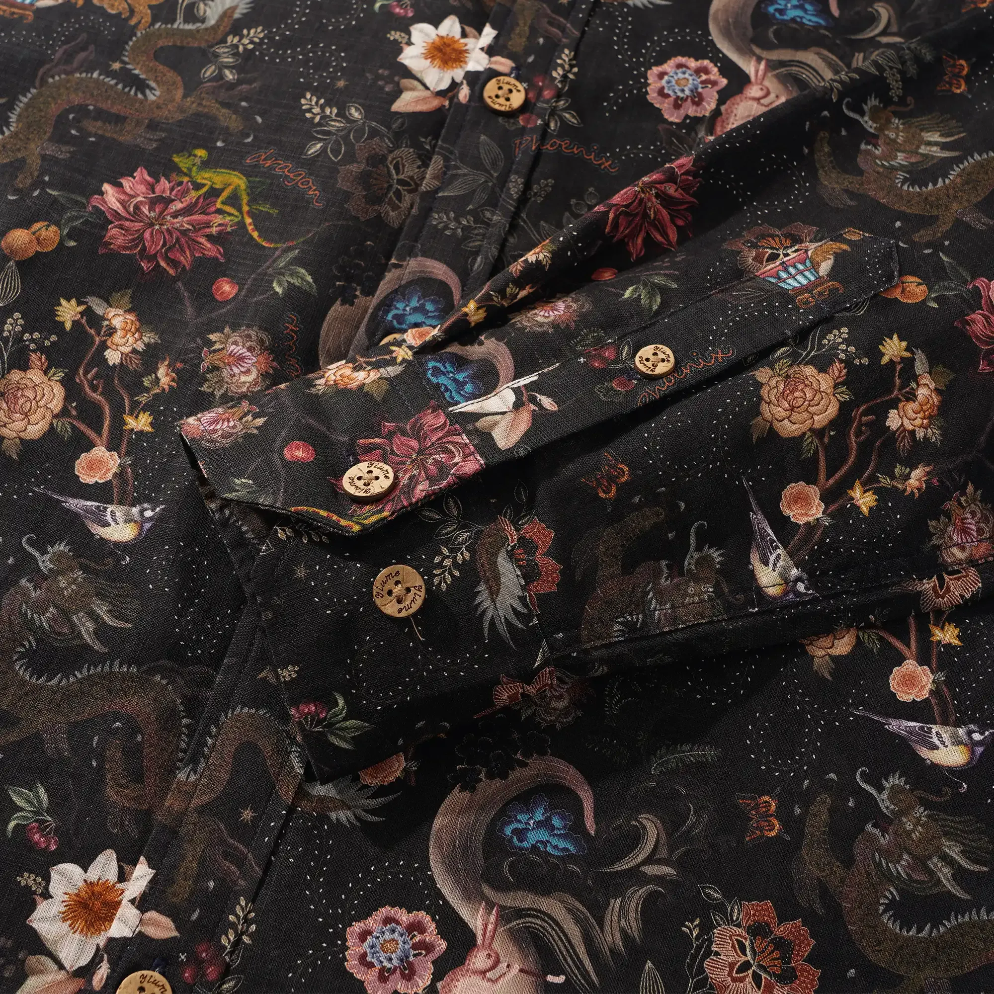 Men's Hawaiian Shirt Long Sleeve Button-down 100% Cotton Black Aloha Ink Charm Eastern Dream