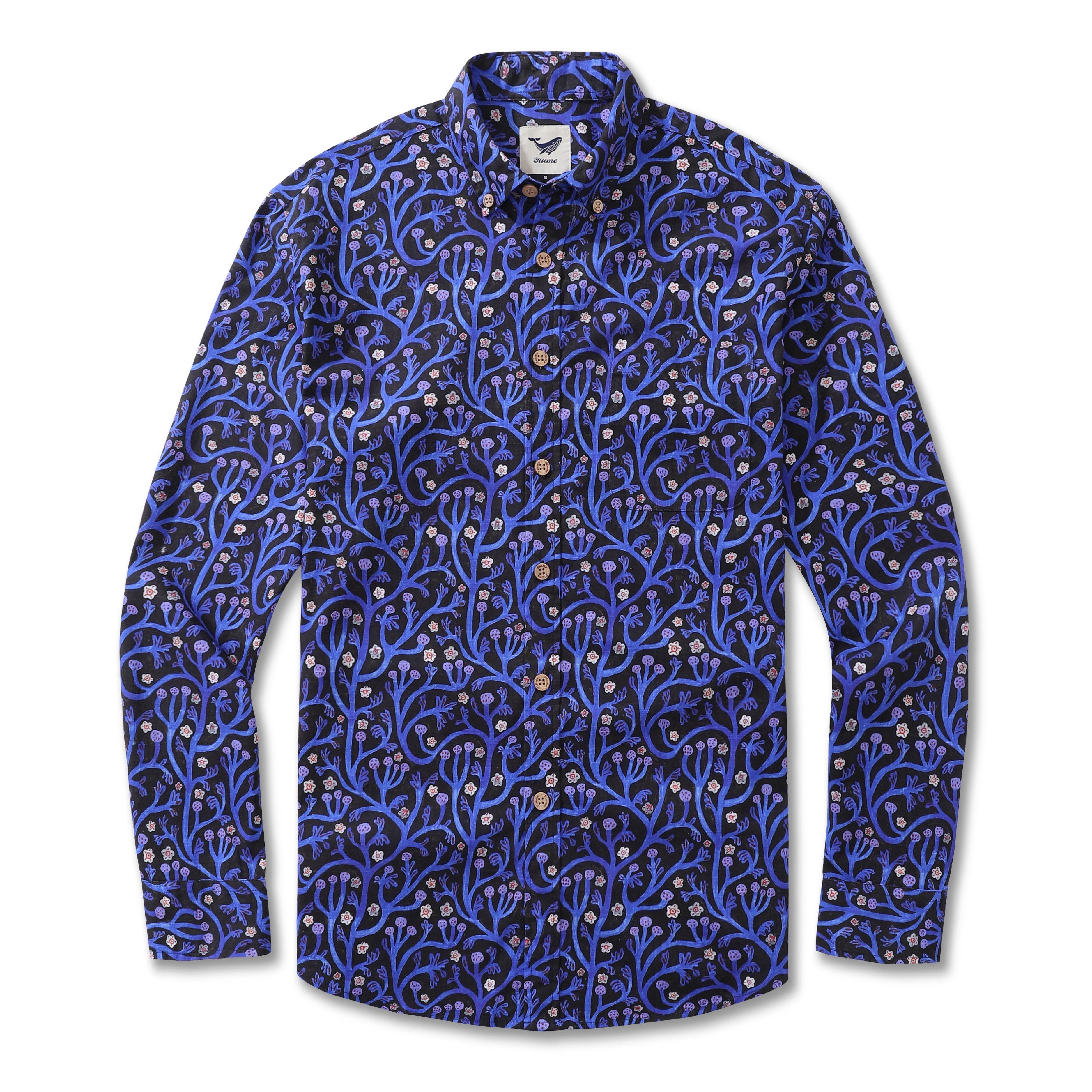 Men's Long Sleeve Hawaiian Shirt Midnight Garden Cotton Button-down Aloha Shirt Midnight Garden By Monika Forsberg