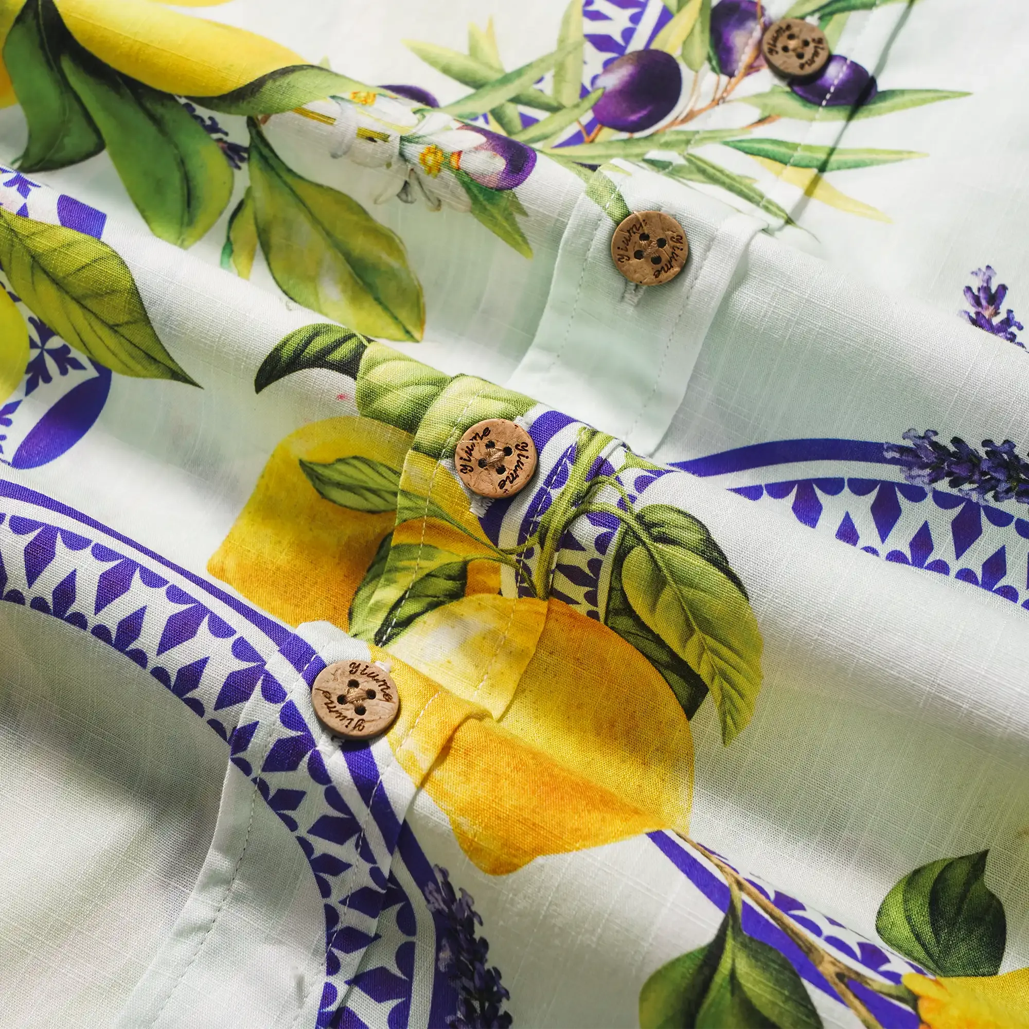 Men's Hawaiian Shirt Short Sleeve Button-down 100% Cotton Yellow Aloha Lemon, Olive, And Lavender Harmony Symphony