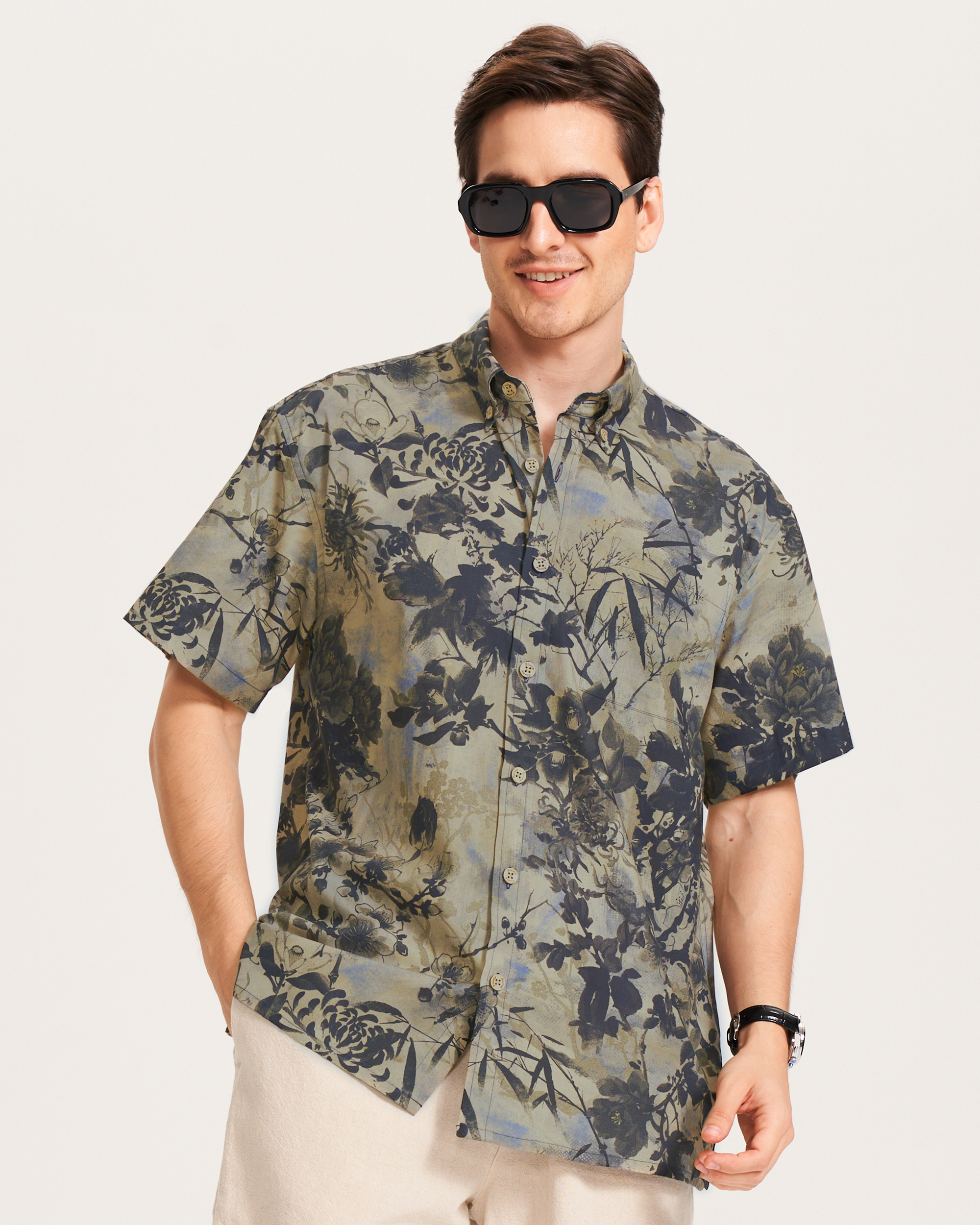 Men's Hawaiian Shirt Short Sleeve Button-down 100% Cotton Brown Aloha Shirt