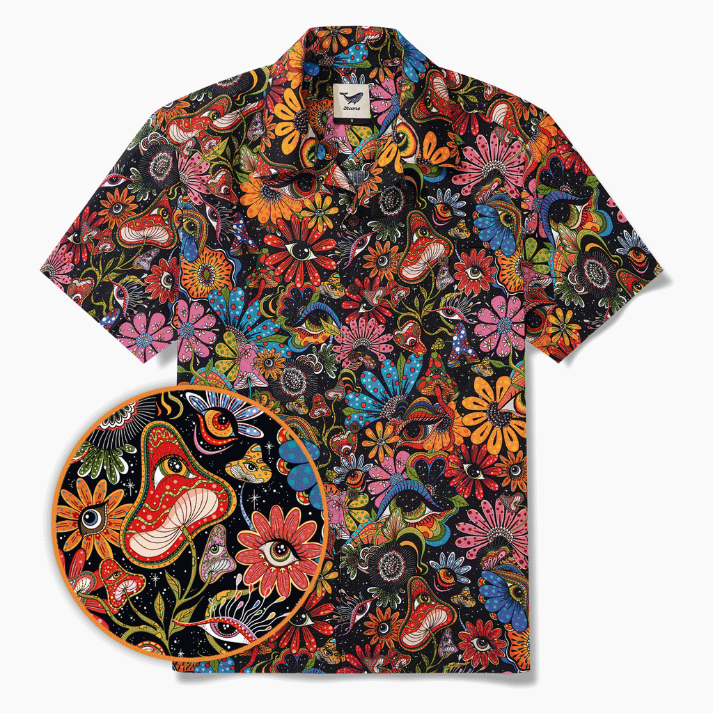Men's Hawaiian Shirt Short Sleeve Camp Collar 100% Cotton Yellow Aloha Psychedelic Starry Hippie