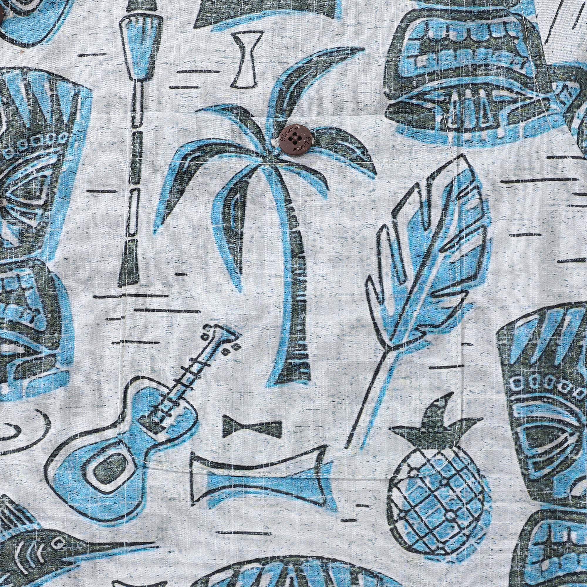 Tiki Men's Hawaiian Shirt Short Sleeve Camp Collar 100% Cotton Blue Aloha