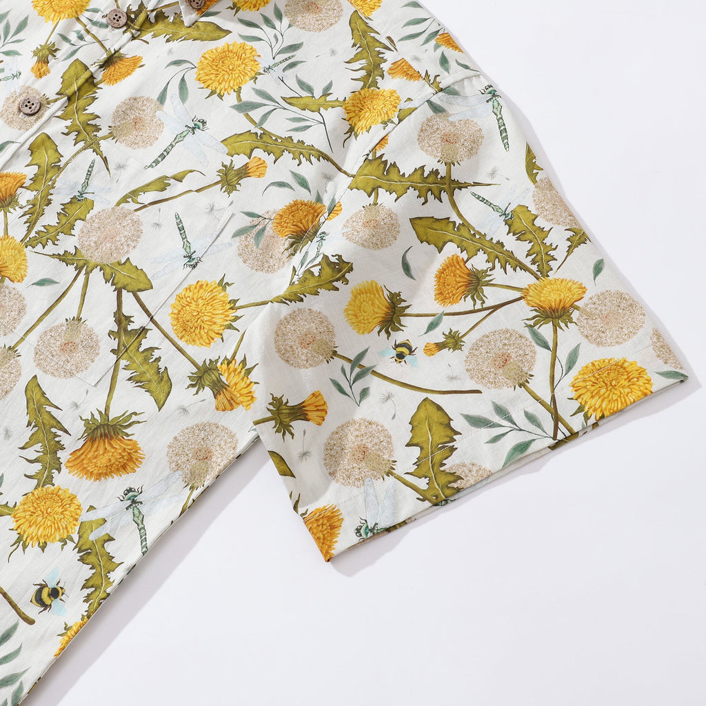 Yiume Tropical Hawaiian Shirt For Men 100% Cotton Short Sleeve Button-down Aloha Shirt Dandelions and Dragonflies Shirt