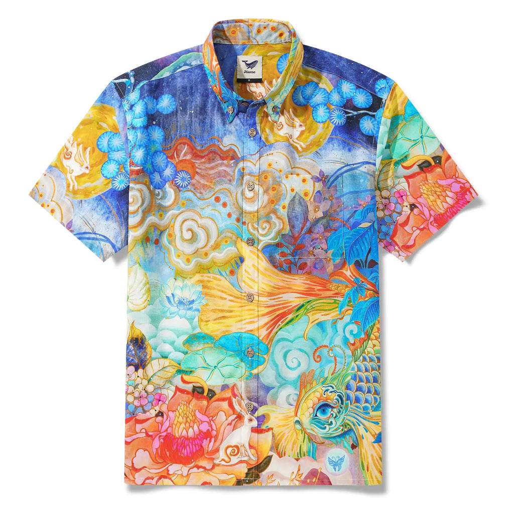 Yiume Men's Designer Hawaiian Shirt Cloud-wandering Koi Print Cotton Blue Aloha Shirt