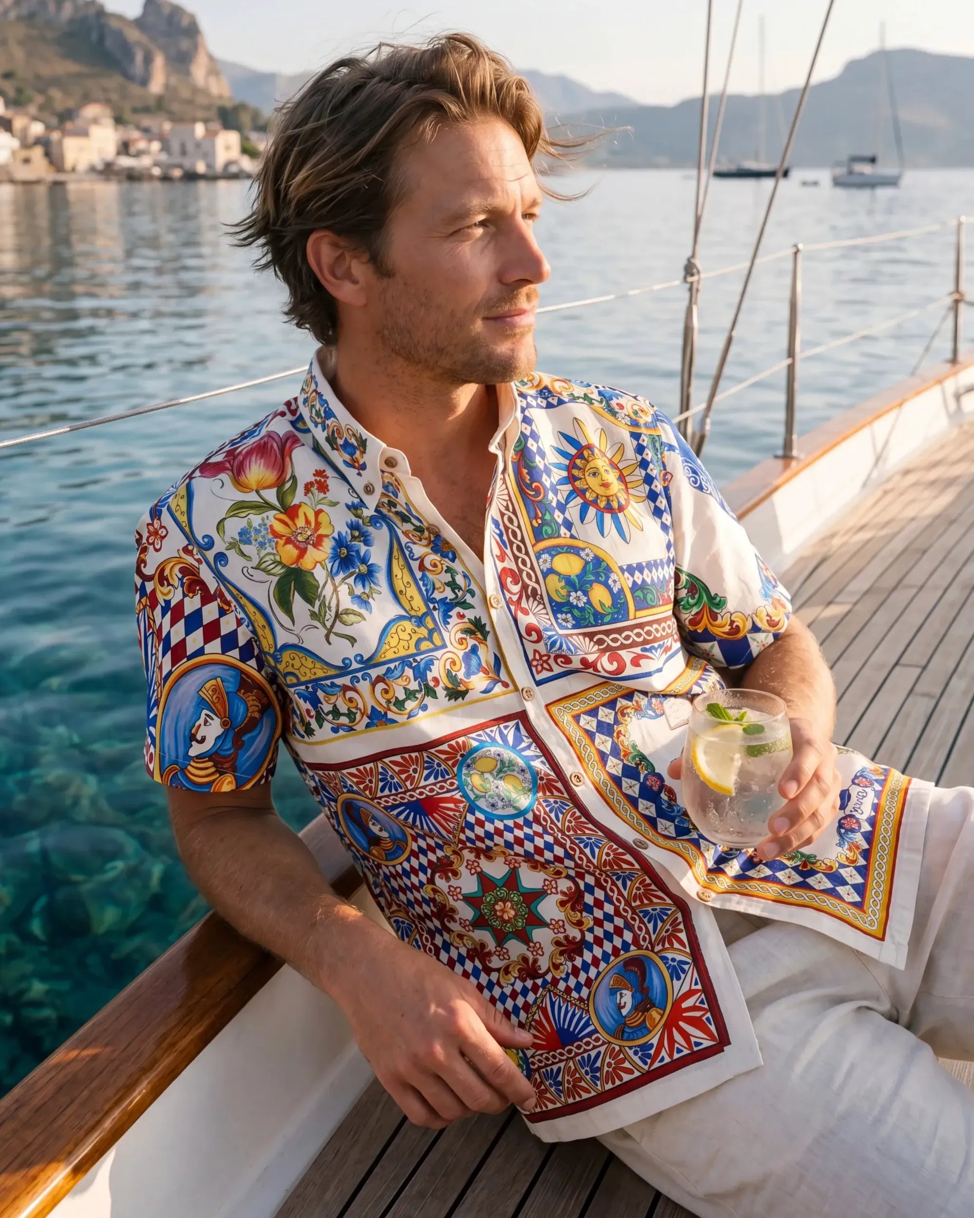 Men's Hawaiian Shirt Short Sleeve Button-down 100% Cotton Blue Flower Aloha Lemon Sicily Venice