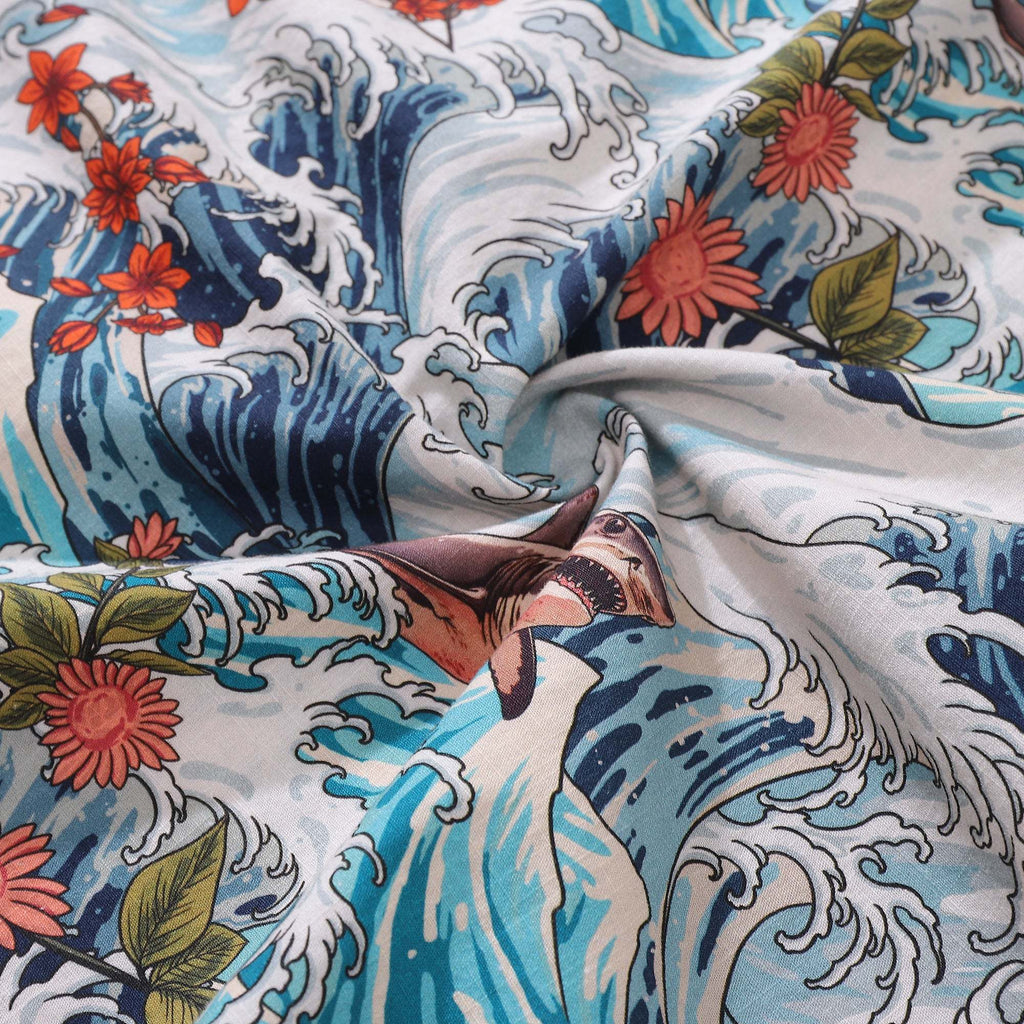 Men's Resort Wear Shirt Turbulence at Sea with Sharks Print Short Sleeve Hawaiian Shirt For Men