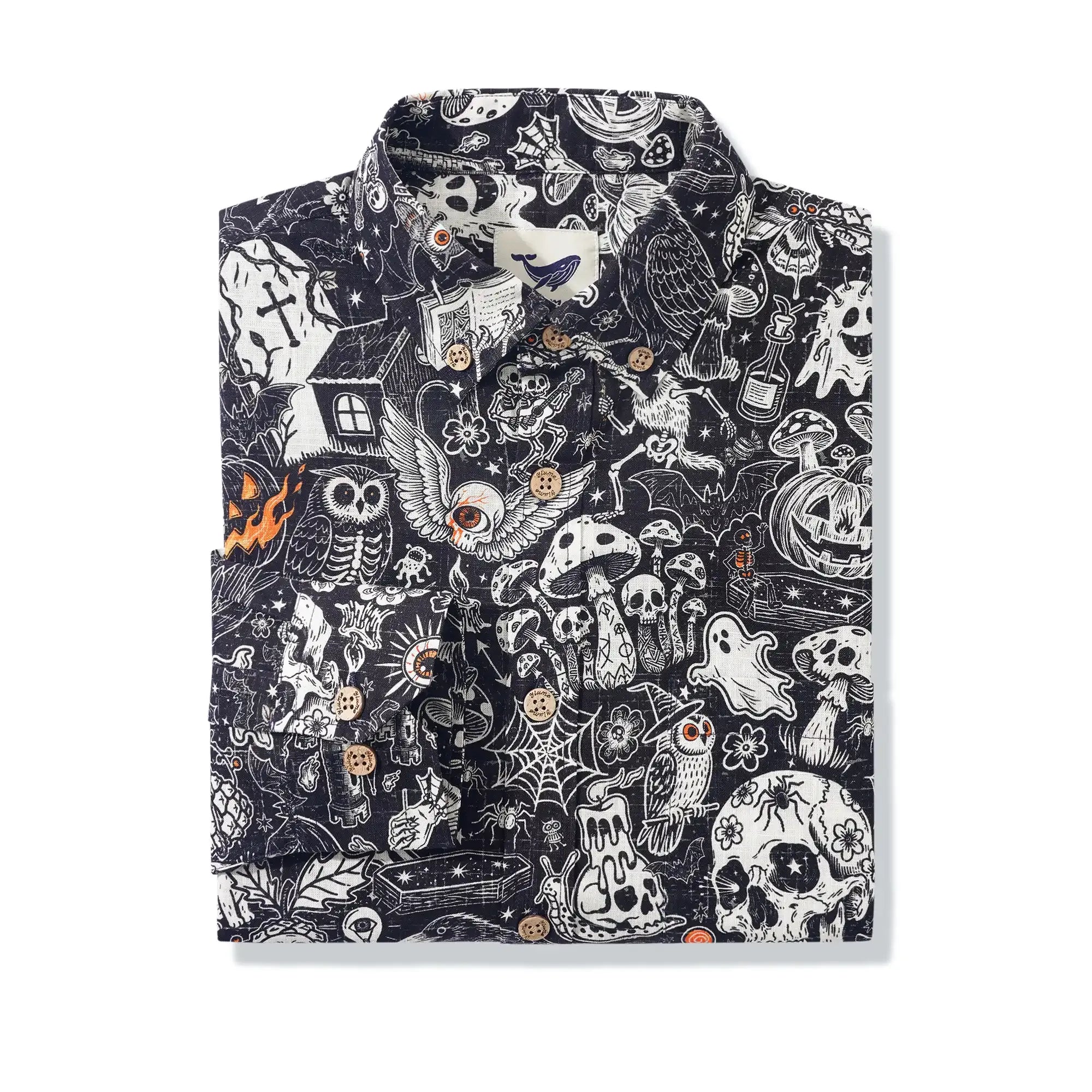 Halloween Gift Men's Hawaiian Shirt Long Sleeve Button-down 100% Cotton Black Aloha Halloween Bash