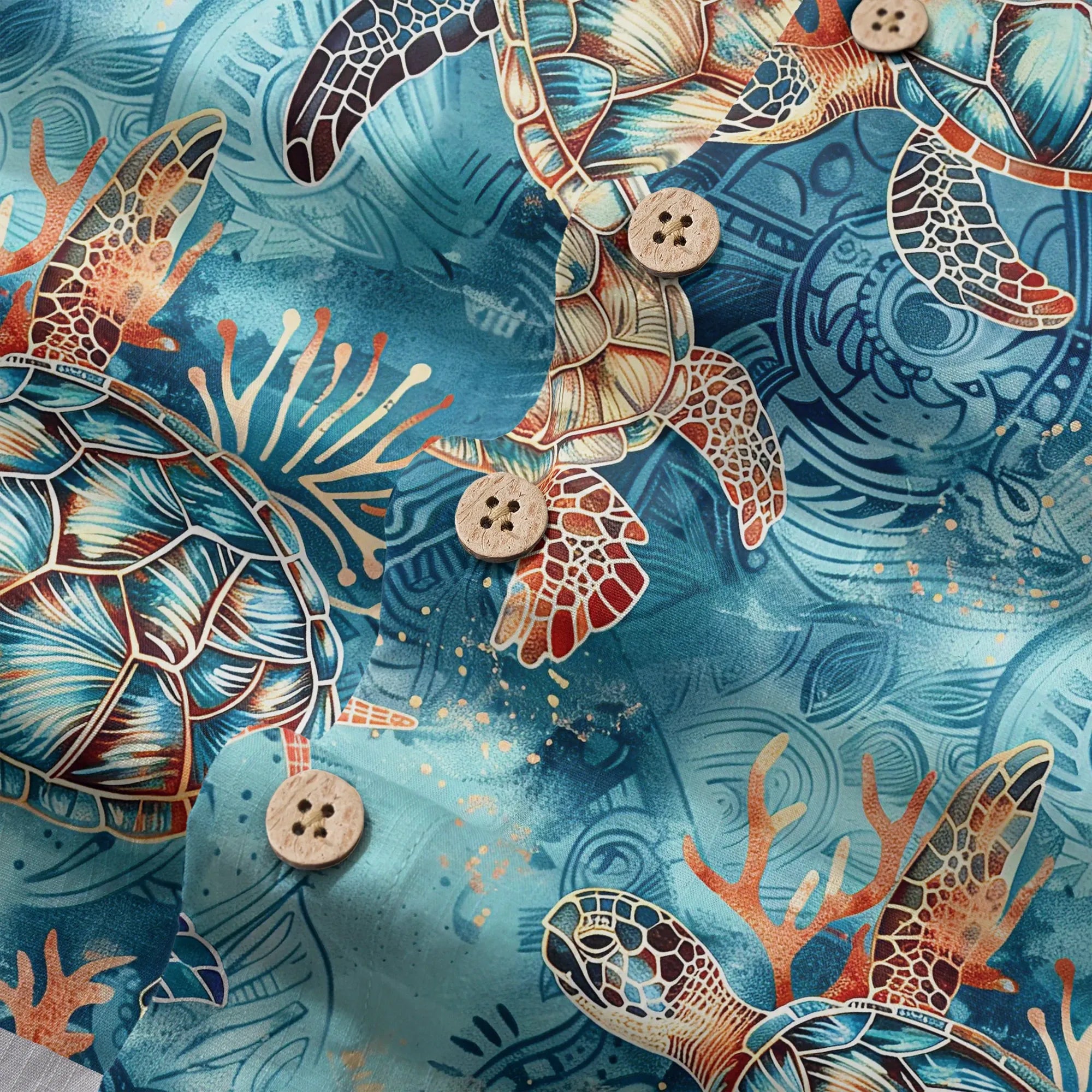 LeosWare® Men's Hawaiian Shirt Short Sleeve Button-up 100% Cotton Blue Aloha Golden Turtle Sea