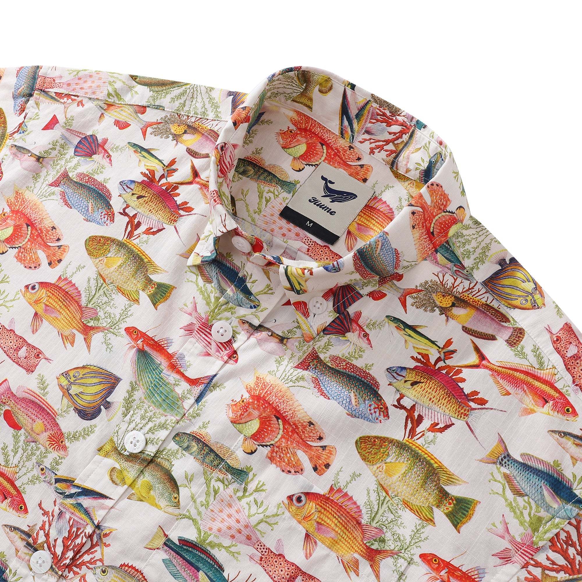 Yiume Fishing Shirt Hawaiian Shirt For Men  Short Sleeve Button-down Shirt 100% Cotton White Aloha Sea Ocean Fish