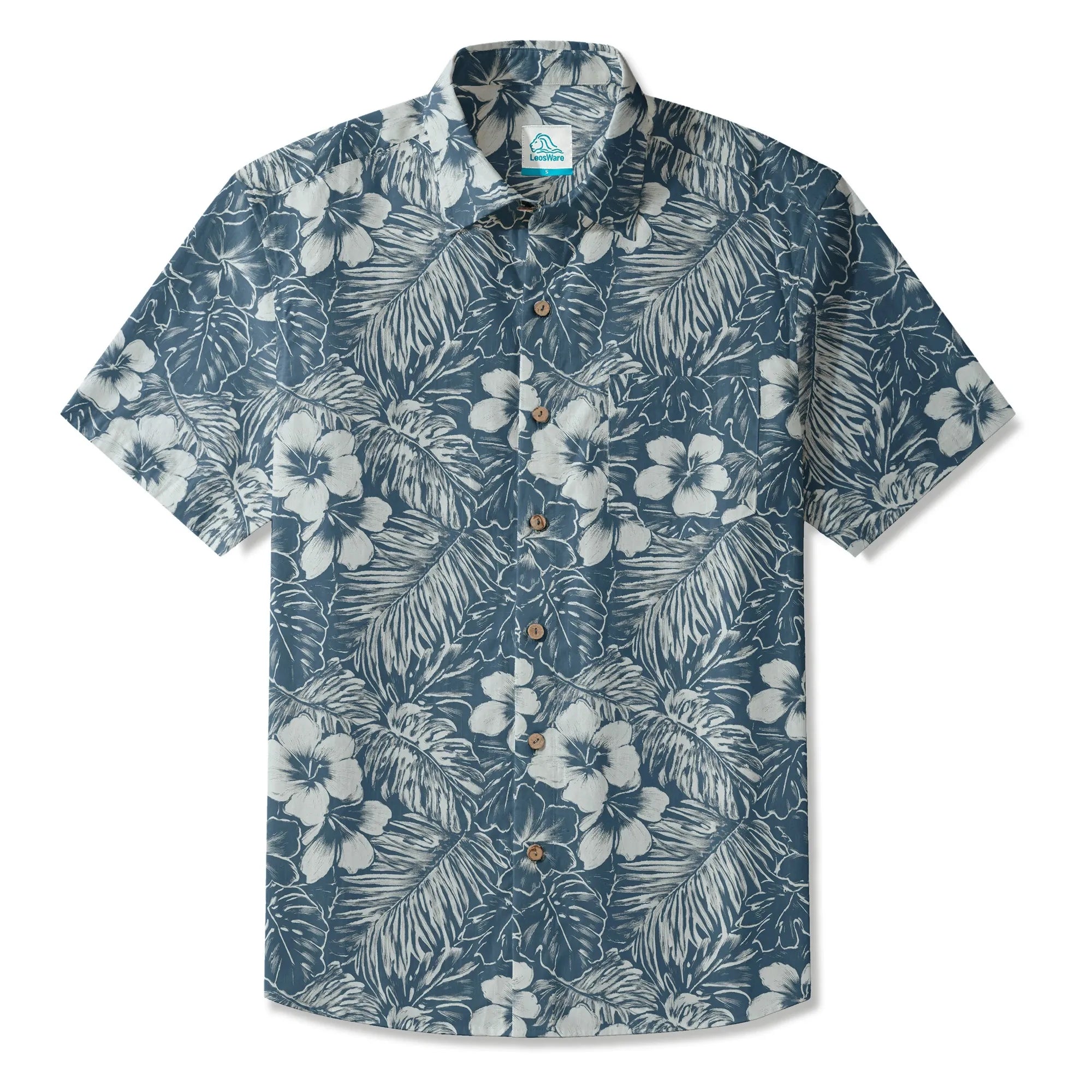 LeosWare® Hibiscus Flower Men's Hawaiian Shirt Short Sleeve Button-up 100% Cotton Blue Aloha Blue Ink Flower Shadows