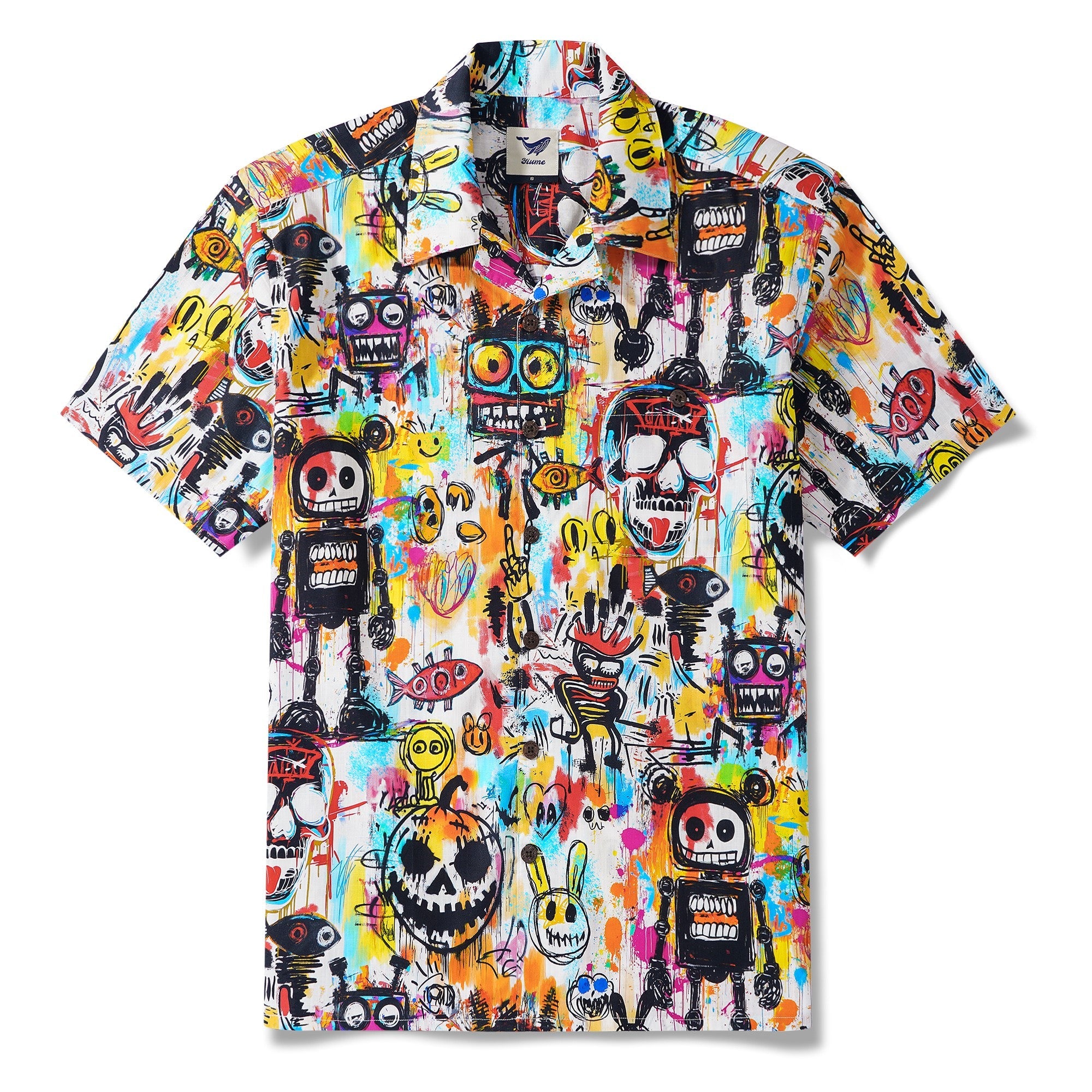 Hawaiian Shirt For Men Halloween Short Sleeve Camp Collar Shirt 100% Cotton White Aloha Graffiti Madness Party