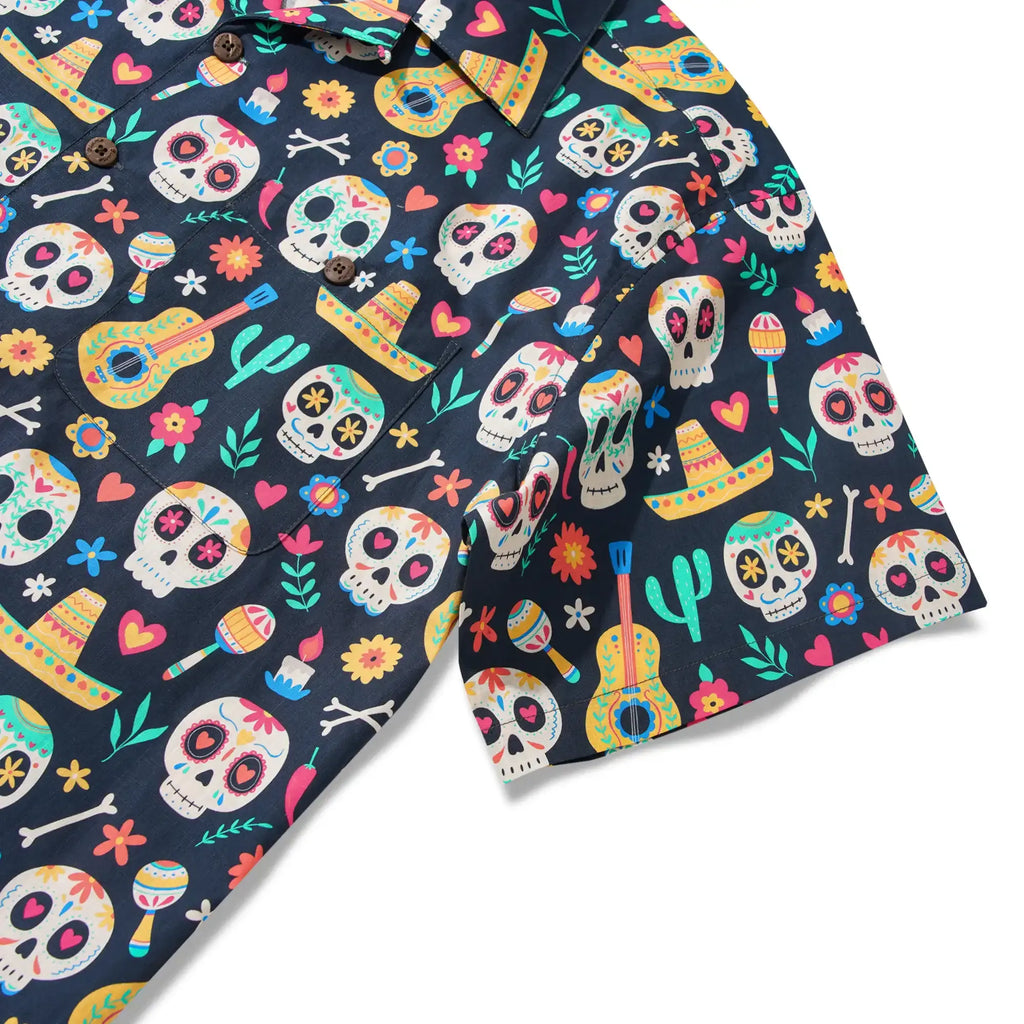 Men's Hawaiian Shirt Short Sleeve Camp Collar 100% Cotton Black Aloha Fiesta Sugar Skulls By Irina Ostapenko Mexican Style