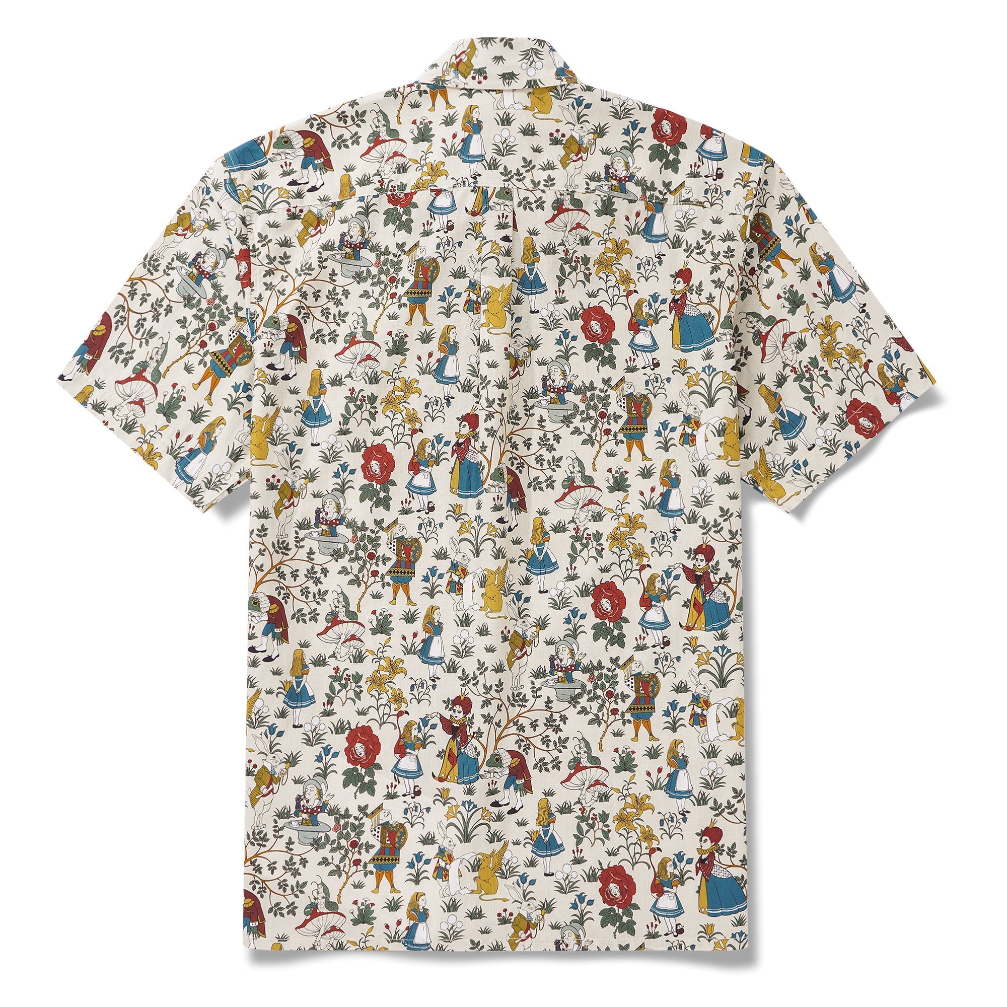 Men's Hawaiian Shirt Short Sleeve Button-down 100% Cotton Beige Aloha Alice's Wonderland