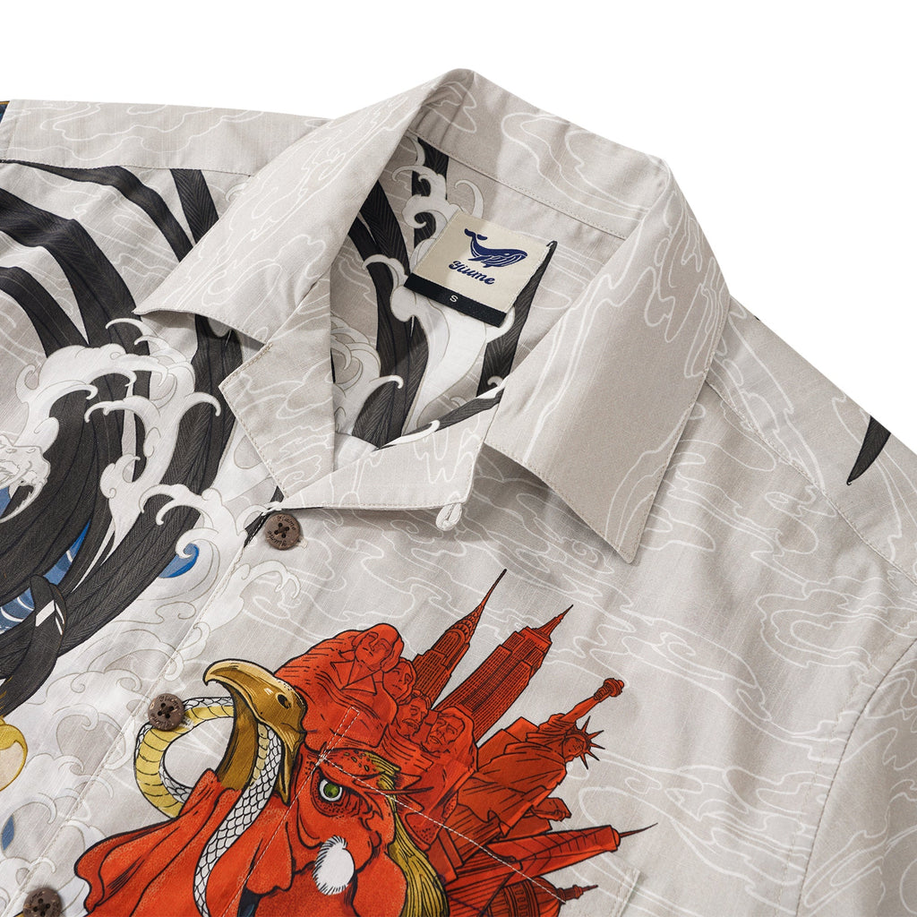 Men's Hawaiian Shirt 100% Cotton Short Sleeve Camp Collar Shirt Rooster and Japanese ukiyo-e Shirt