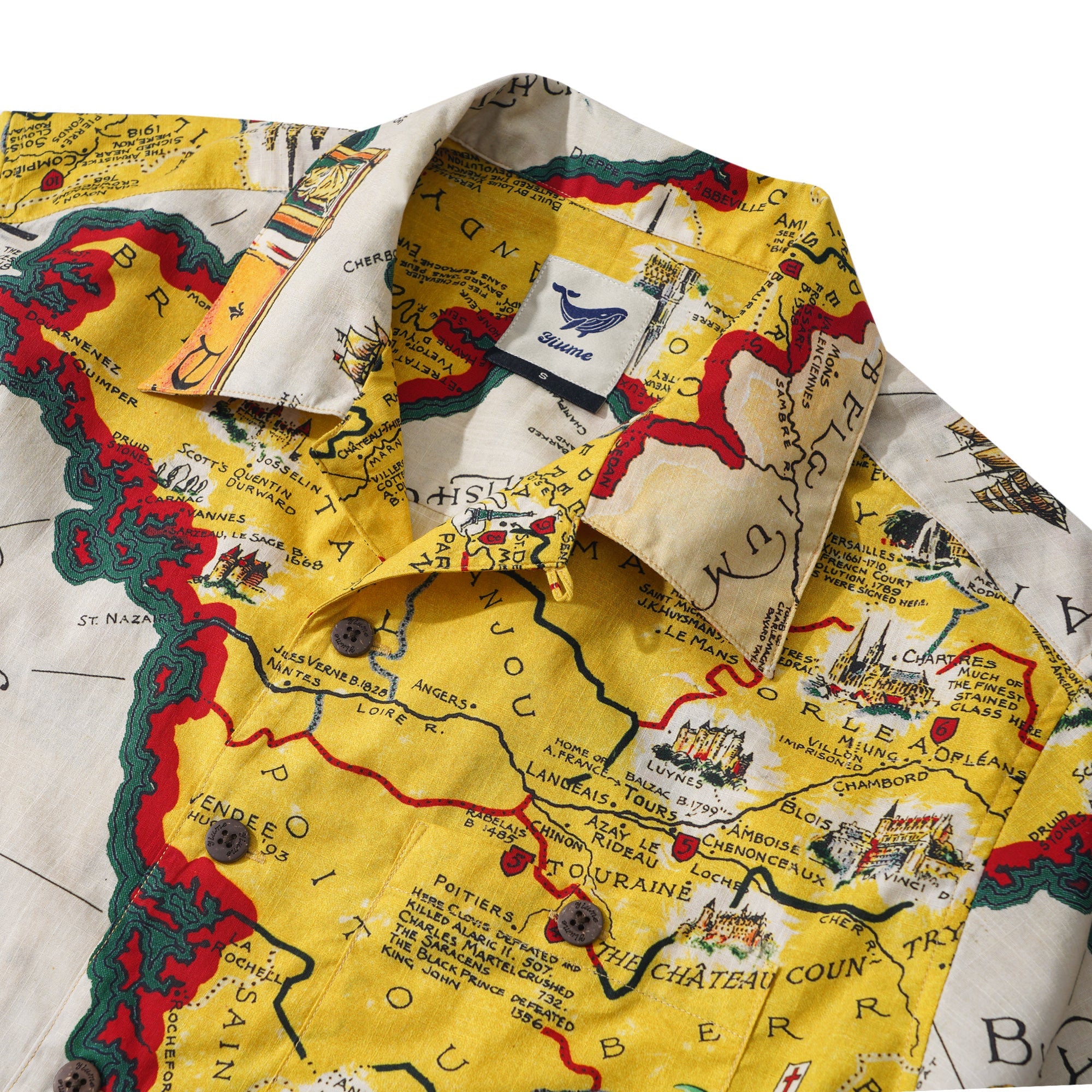 Men's Hawaiian Shirt Short Sleeve Camp Collar 100% Cotton Yellow Aloha Vintage Map