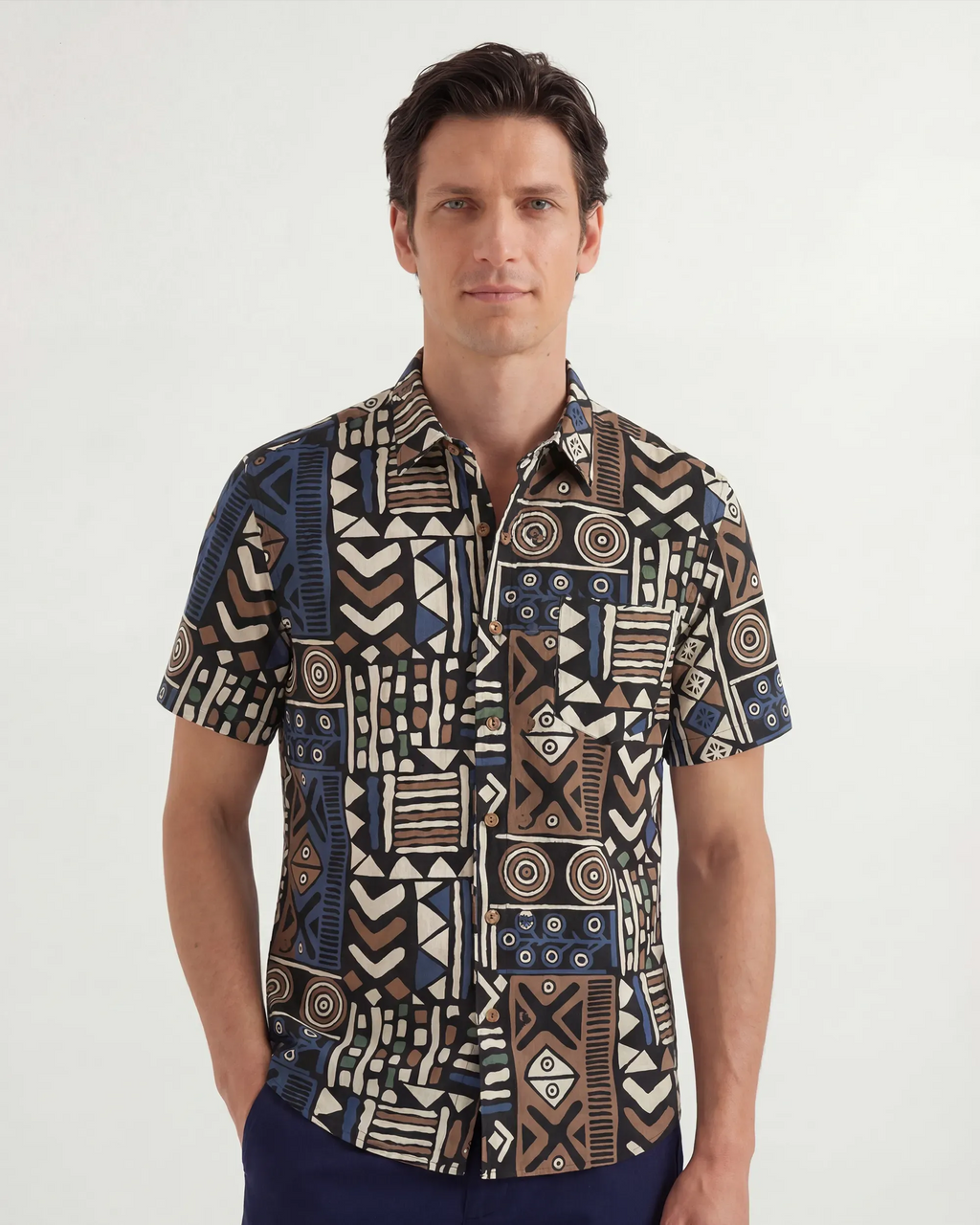 LeosWare® Men's Hawaiian Shirt Short Sleeve Button-up 100% Cotton Brown Aloha Elegant Cultural Geometric Art