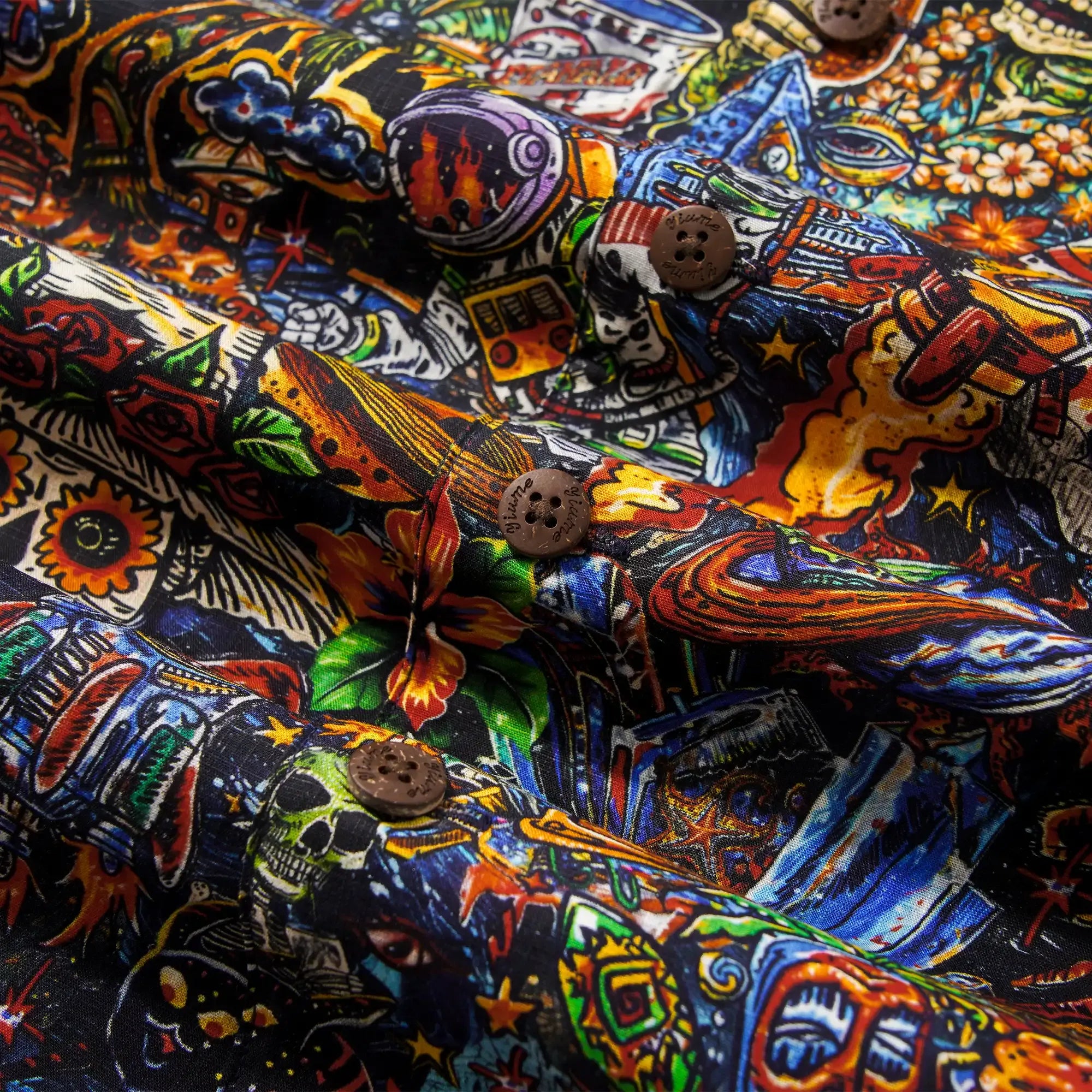 Men's Hawaiian Shirt Short Sleeve Camp Collar 100% Cotton Red Aloha Intergalactic Luau Graffiti