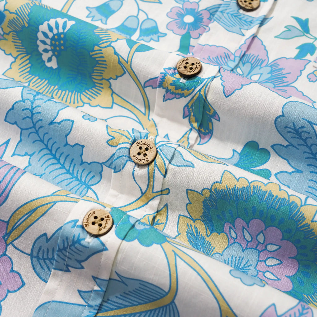 Men's Hawaiian Shirt Short Sleeve Button-down 100% Cotton Blue Aloha Farmhouse Italian Florals By Aqua Bubble
