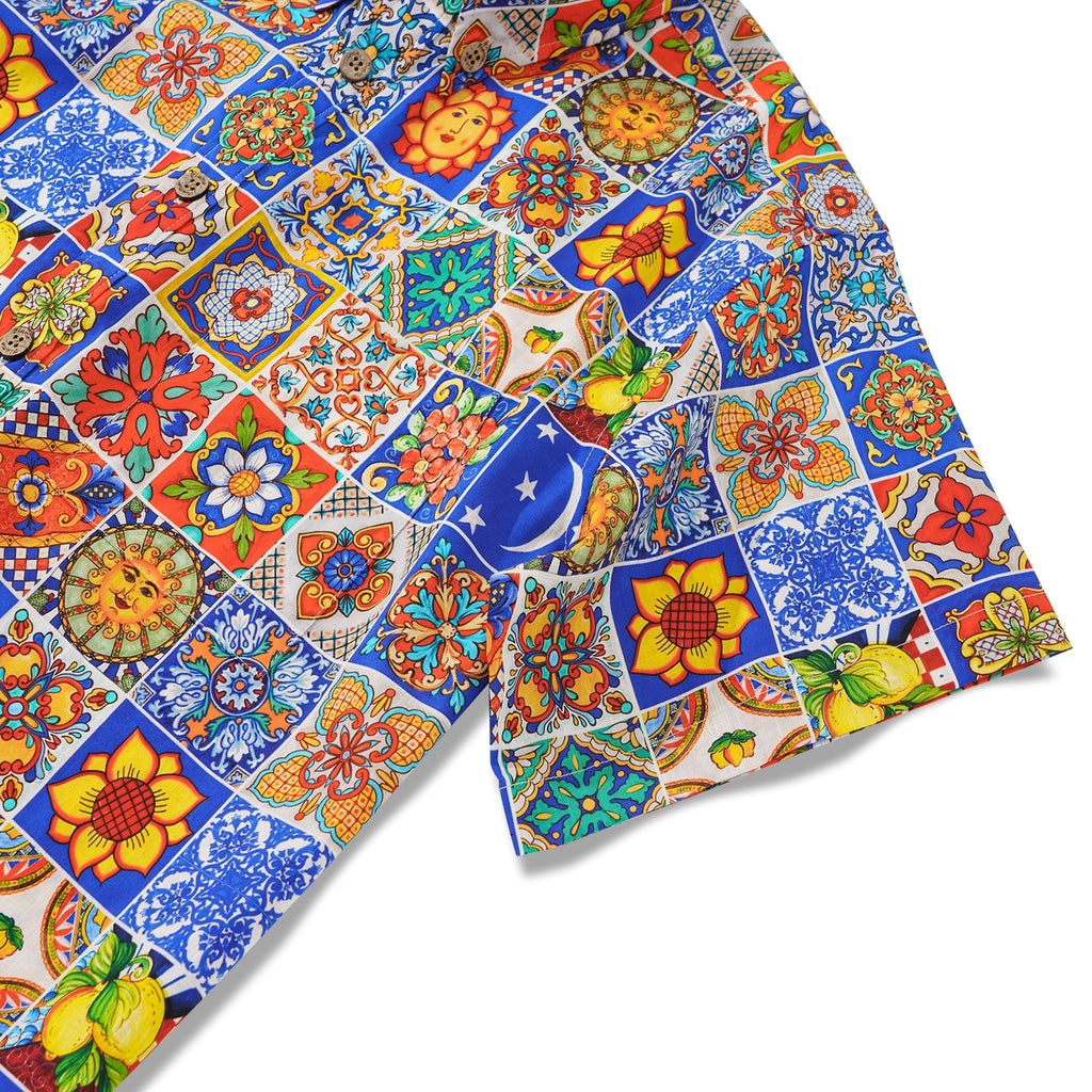 Men's Hawaiian Shirt Short Sleeve Button-down 100% Cotton Aloha Mediterranean Tile Haven