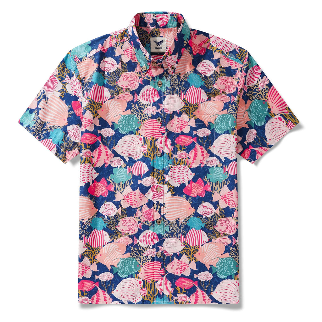 Men's Hawaiian Shirt Short Sleeve Button-down 100% Cotton Aloha Happy Fishes In The Coral Reef By Annick