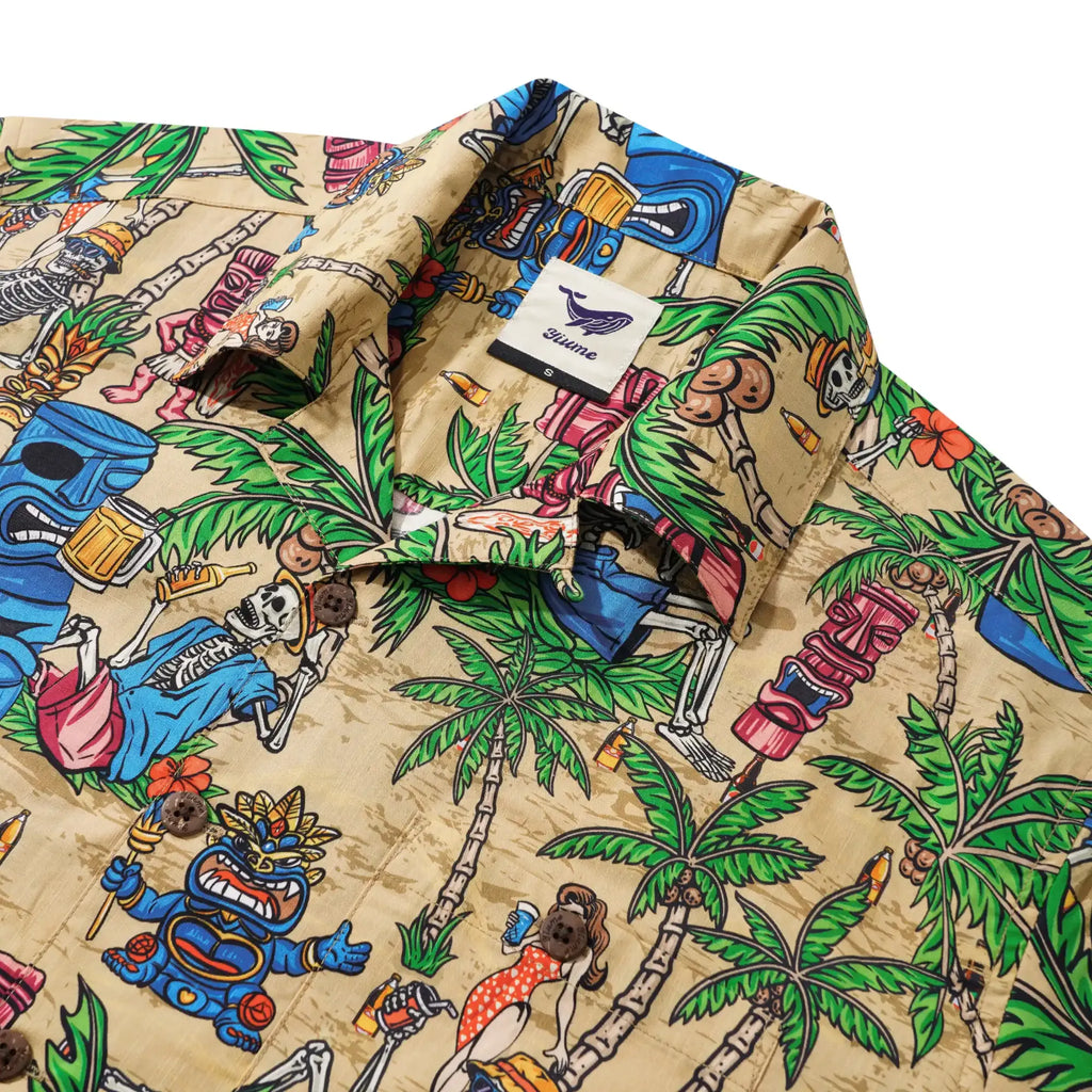 Men's Hawaiian Shirt Short Sleeve Camp Collar 100% Cotton Green Aloha Tiki Seaside Bash
