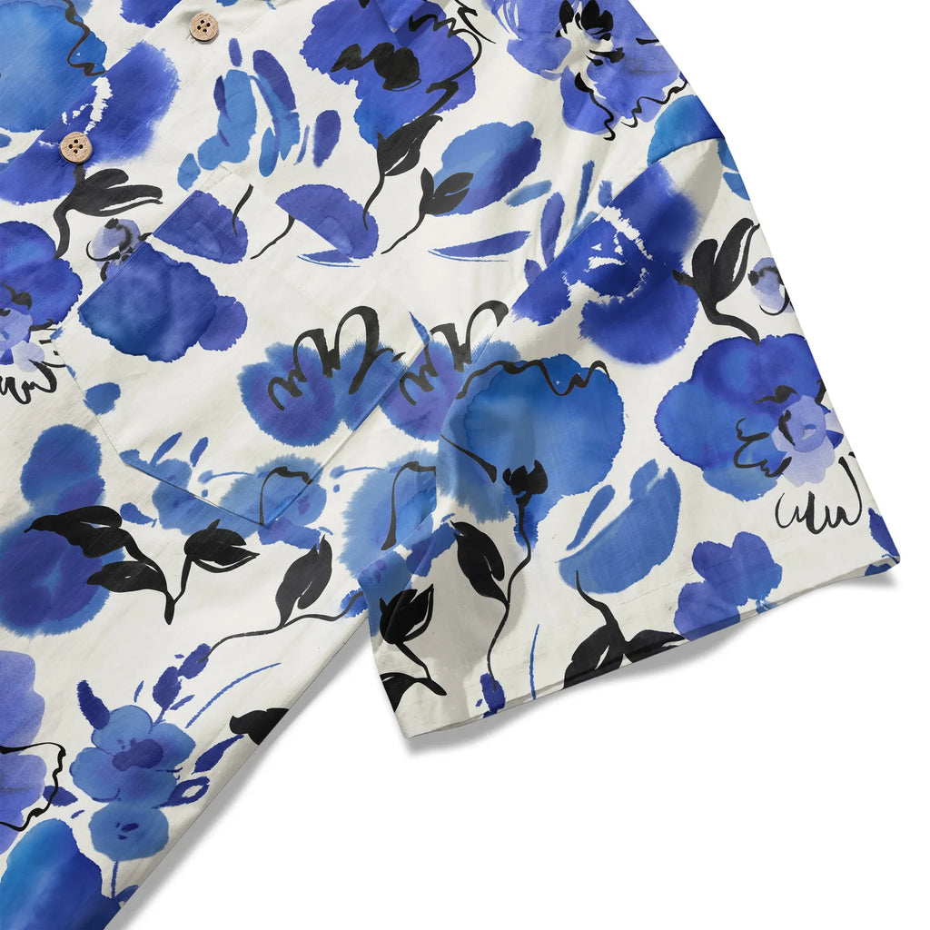 LeosWare® Men's Hawaiian Shirt Short Sleeve Button-up 100% Cotton Blue Aloha Ink Blue Florals