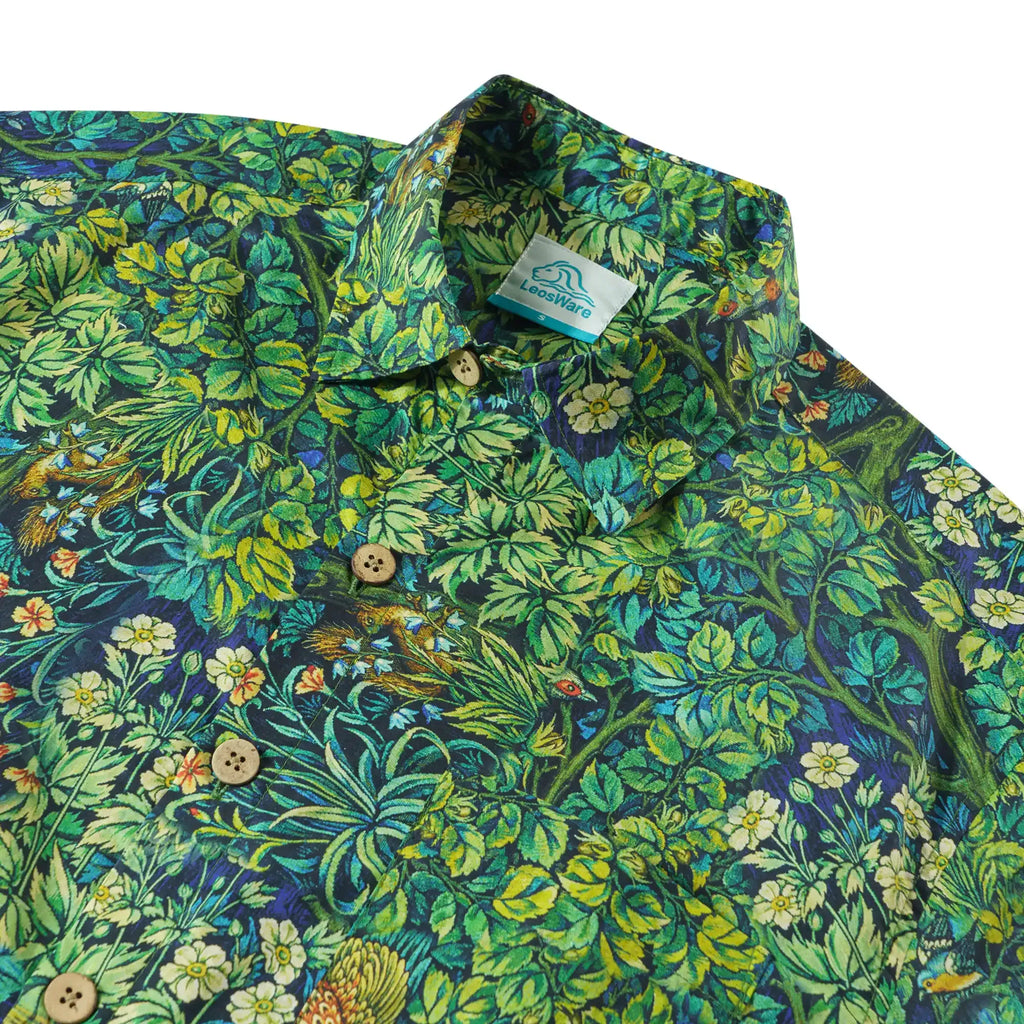 LeosWare® Men's Hawaiian Shirt Short Sleeve Button-up 100% Cotton Green Aloha Jungle Wonderland Art