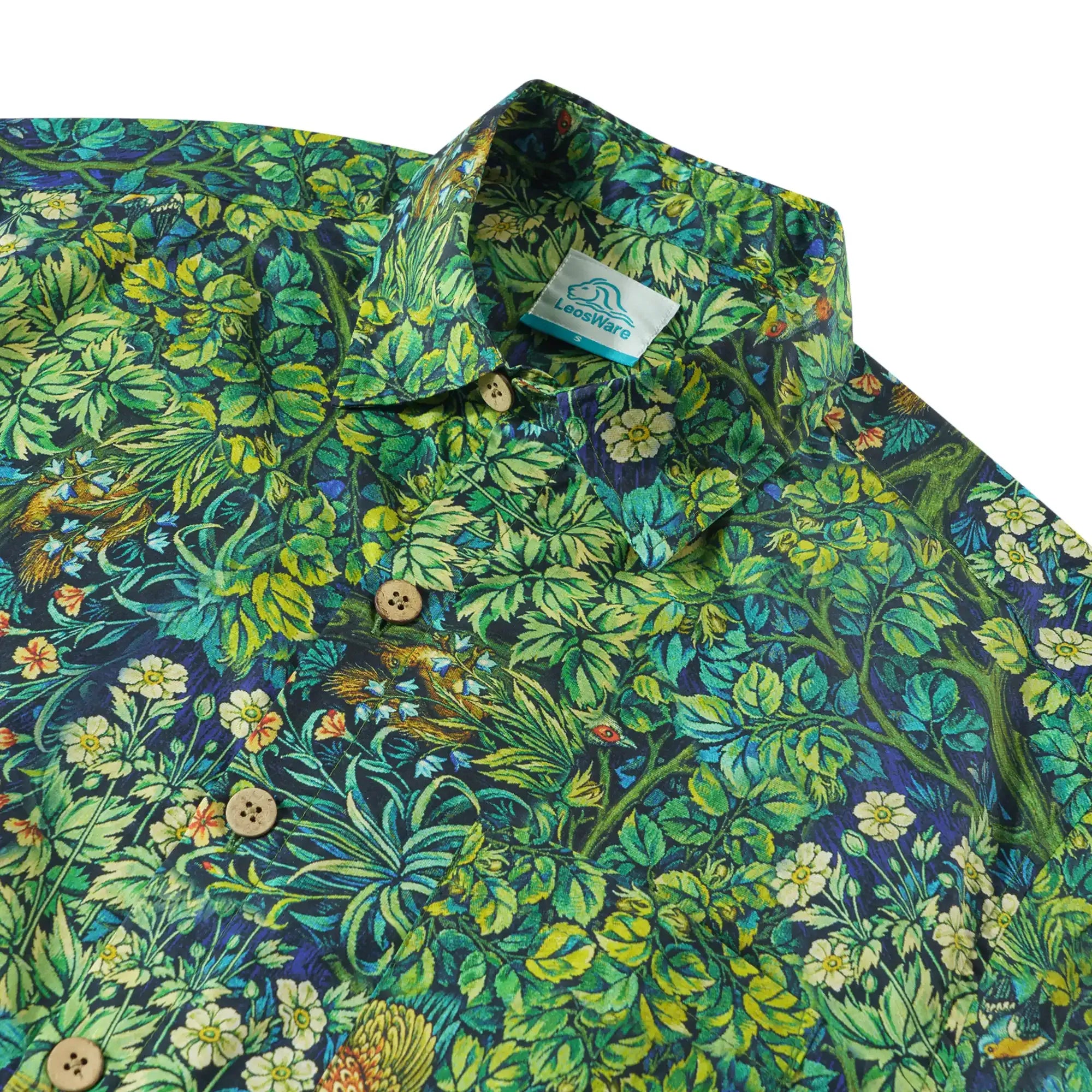 LeosWare® Men's Hawaiian Shirt Short Sleeve Button-up 100% Cotton Green Aloha Jungle Wonderland Art