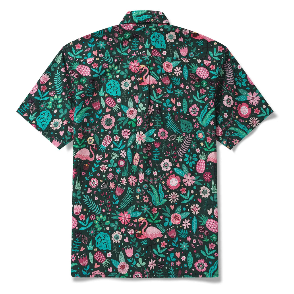 Men's Hawaiian Shirt Short Sleeve Button-down 100% Cotton Green Aloha Blush in the Jungle Flamingo