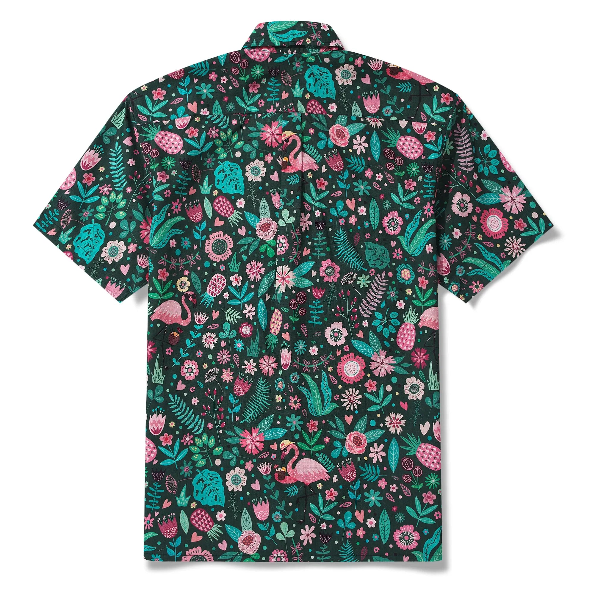 Men's Hawaiian Shirt Short Sleeve Button-down 100% Cotton Green Aloha Blush in the Jungle Flamingo