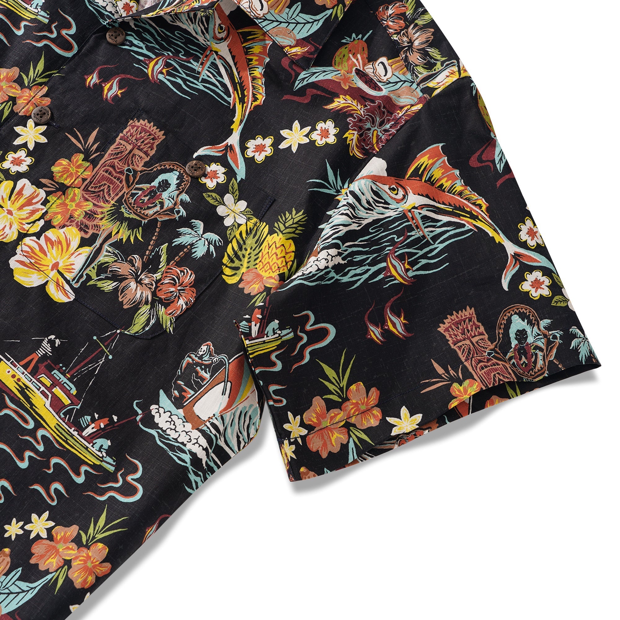 Tiki Men's Vintage Hawaiian Shirt Black Tiki Shirt Short Sleeve Camp Collar 100% Cotton Aloha Shirt Vintage Aloha