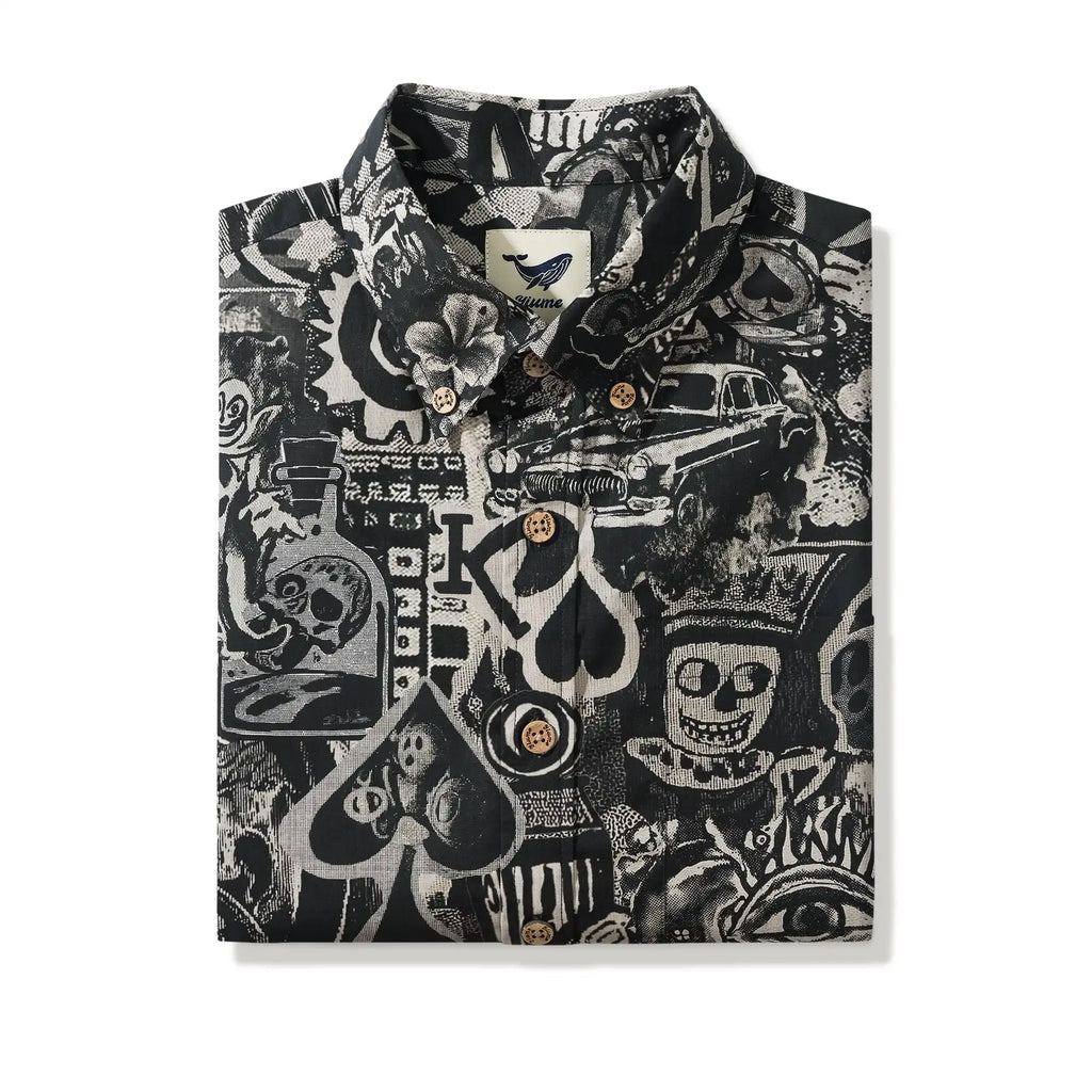 Men's Hawaiian Shirt Short Sleeve Button-down 100% Cotton Black Aloha Dark Poker Graffiti