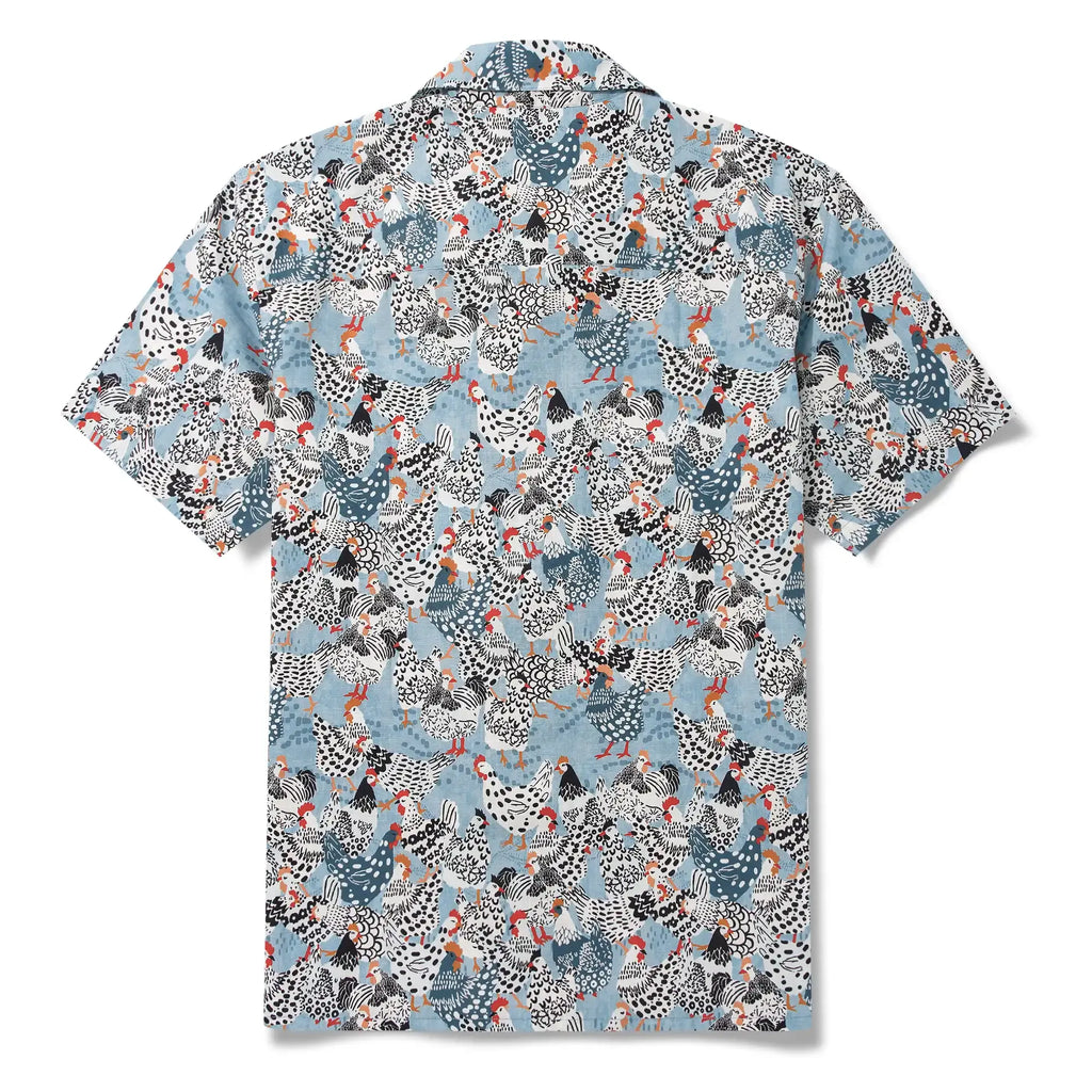 Men's Hawaiian Shirt Short Sleeve Camp Collar 100% Cotton Blue Aloha Clucking Chicken Friends By Annick Schmidt-reichardt