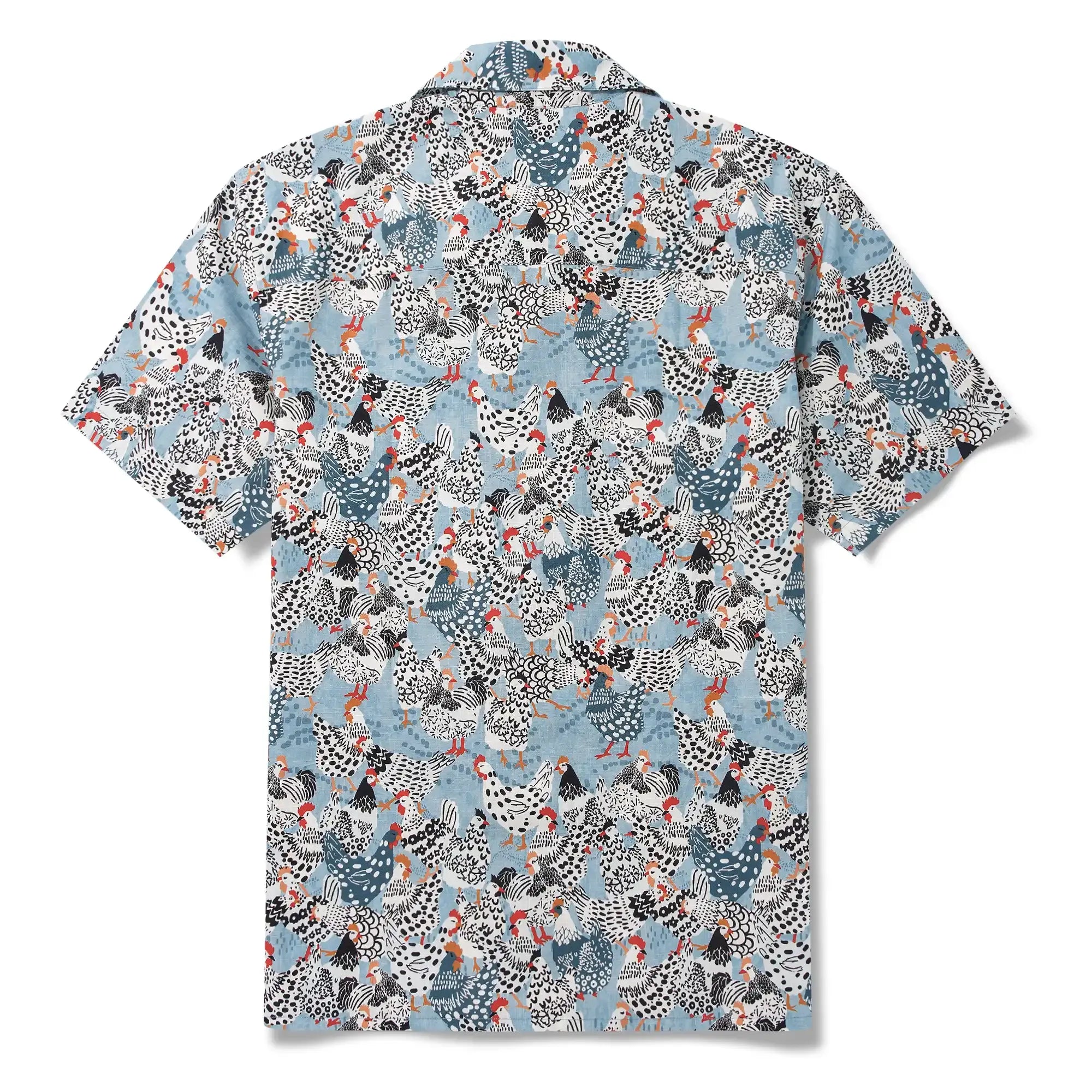 Men's Hawaiian Shirt Short Sleeve Camp Collar 100% Cotton Blue Aloha Clucking Chicken Friends By Annick Schmidt-reichardt