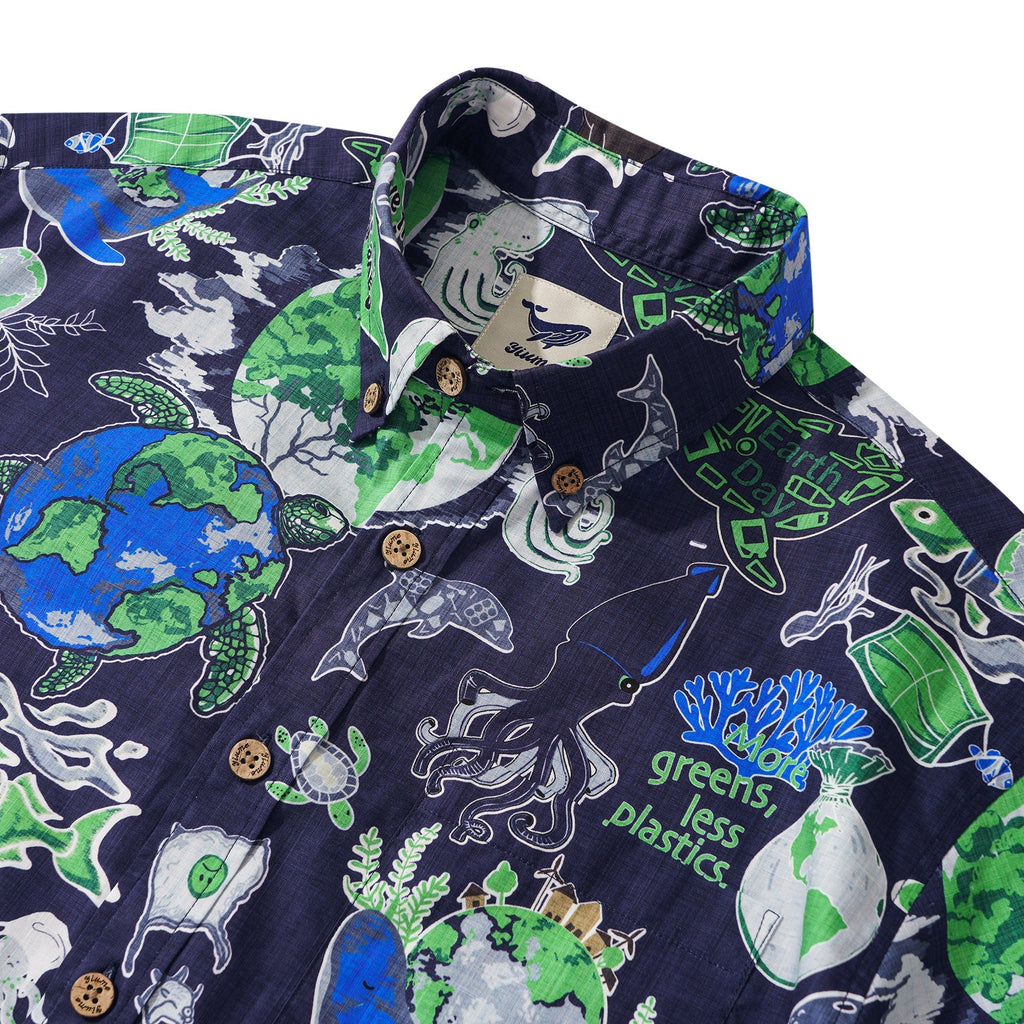 Men's Hawaiian Shirt Short Sleeve Button-down 100% Cotton Aloha Save Earth
