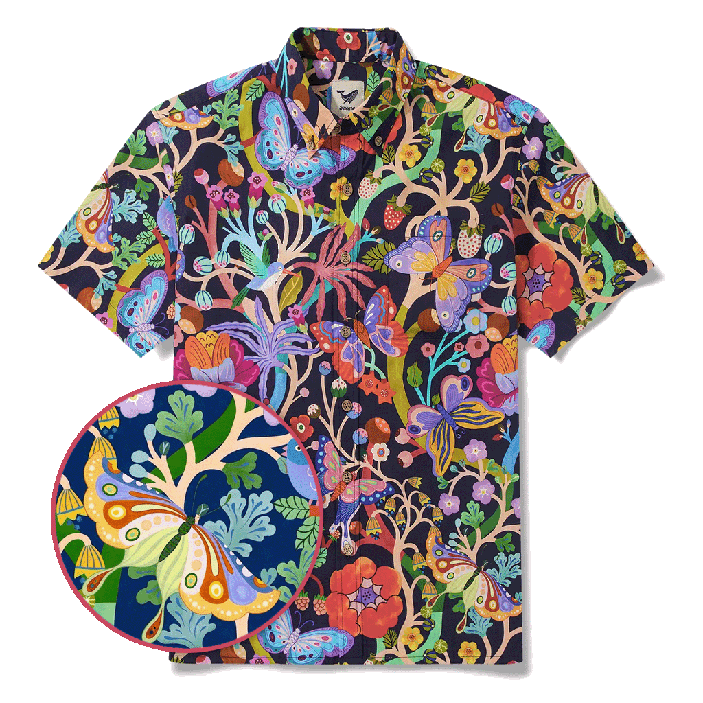 Men's Hawaiian Shirt Short Sleeve Button-down 100% Cotton Blue Aloha Dusk Butterfly Dance