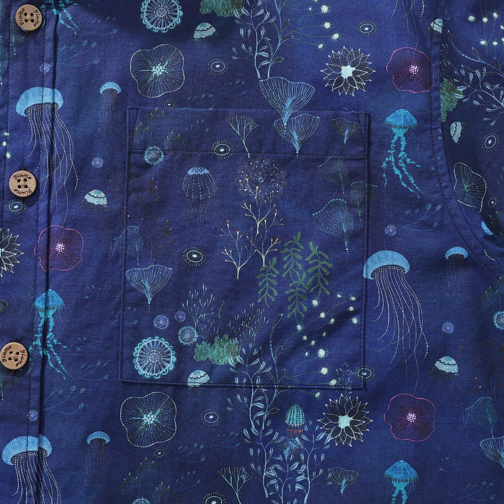 Men's Deep Blue Hawaiian Shirt 100% Cotton Button-down Short Sleeve Jellyfish Aloha Shirt
