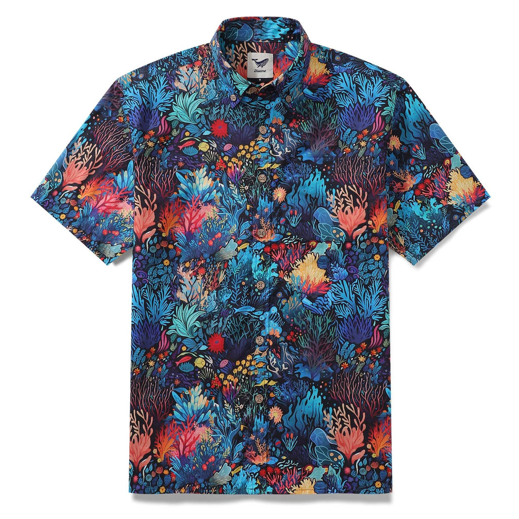 Best Hawaiian Shirt For Men 100% Cotton Blue Short Sleeve Button-down Shirt Marine Plants Shirt