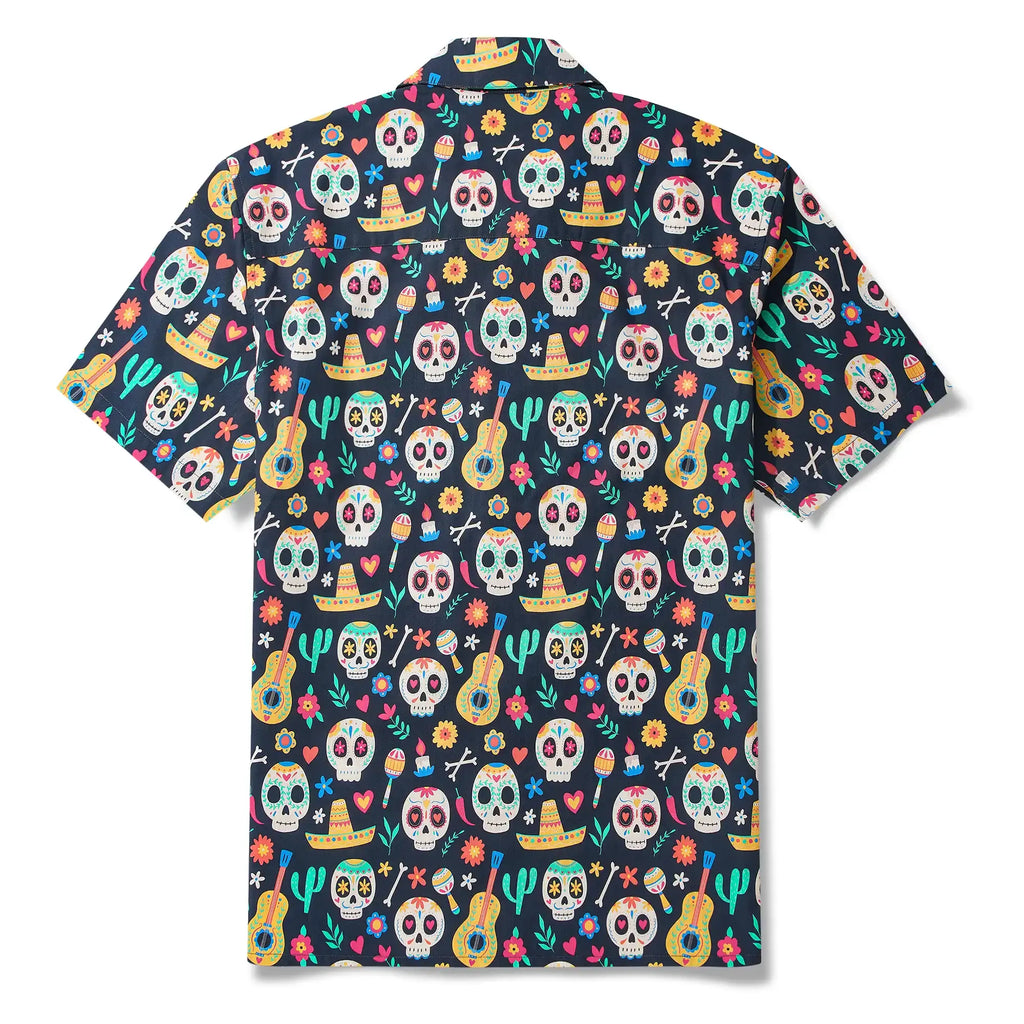 Men's Hawaiian Shirt Short Sleeve Camp Collar 100% Cotton Black Aloha Fiesta Sugar Skulls By Irina Ostapenko Mexican Style