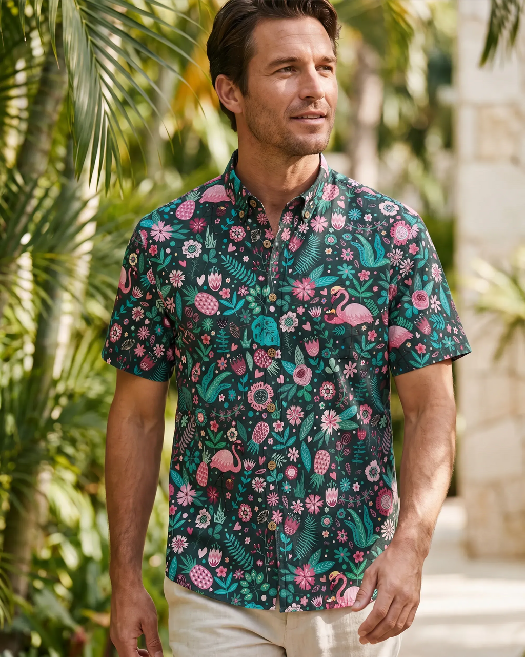 Men's Hawaiian Shirt Short Sleeve Button-down 100% Cotton Green Aloha Blush in the Jungle Flamingo