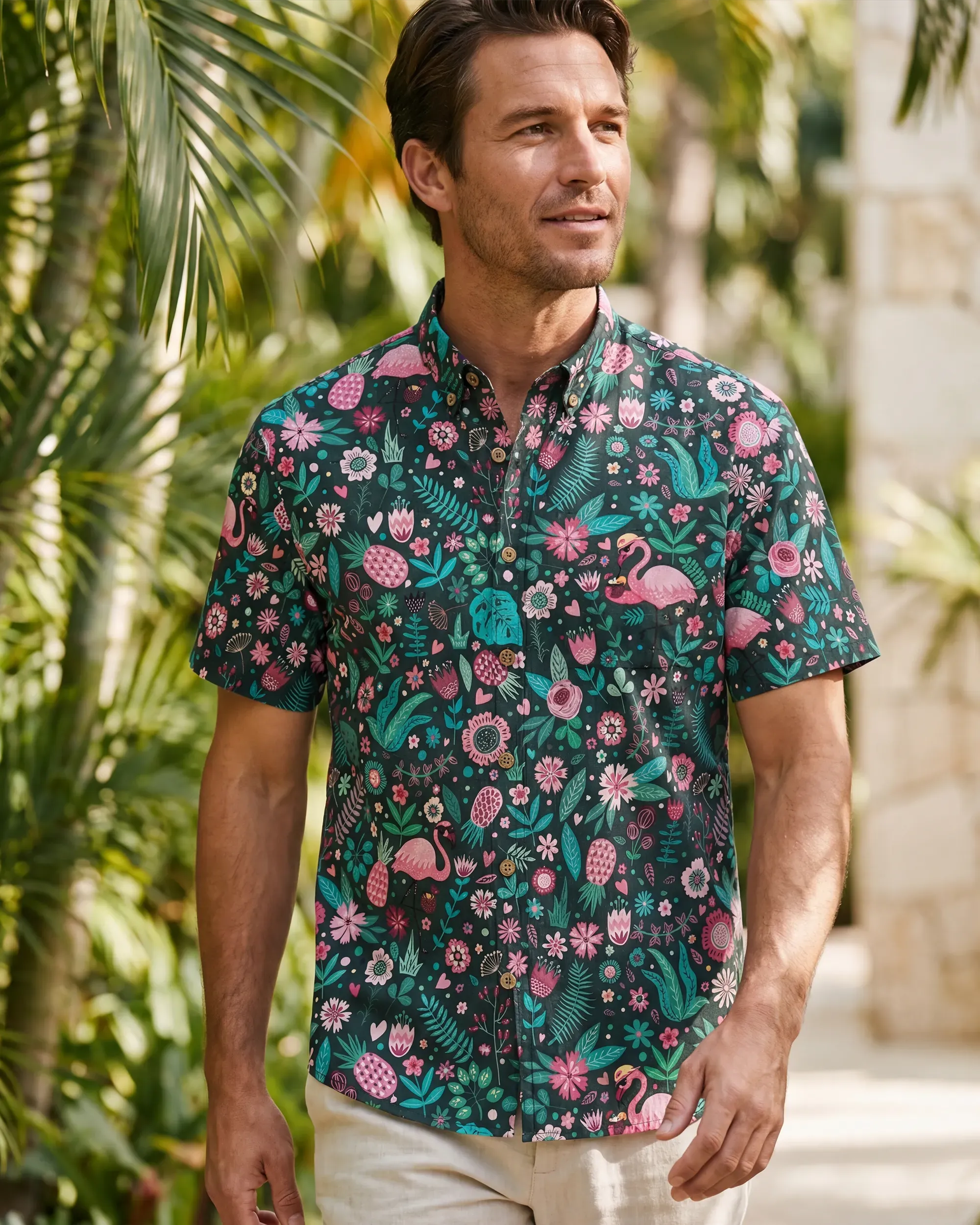 Men's Hawaiian Shirt Short Sleeve Button-down 100% Cotton Green Aloha Blush in the Jungle Flamingo