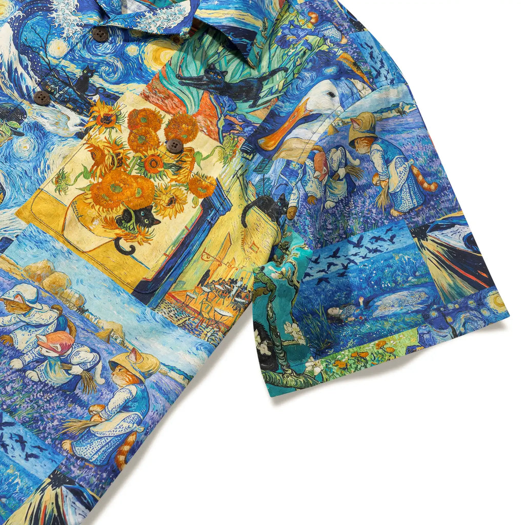 Men's Hawaiian Shirt Short Sleeve Camp Collar 100% Cotton Blue Aloha Starry Night Cat Fantasy
