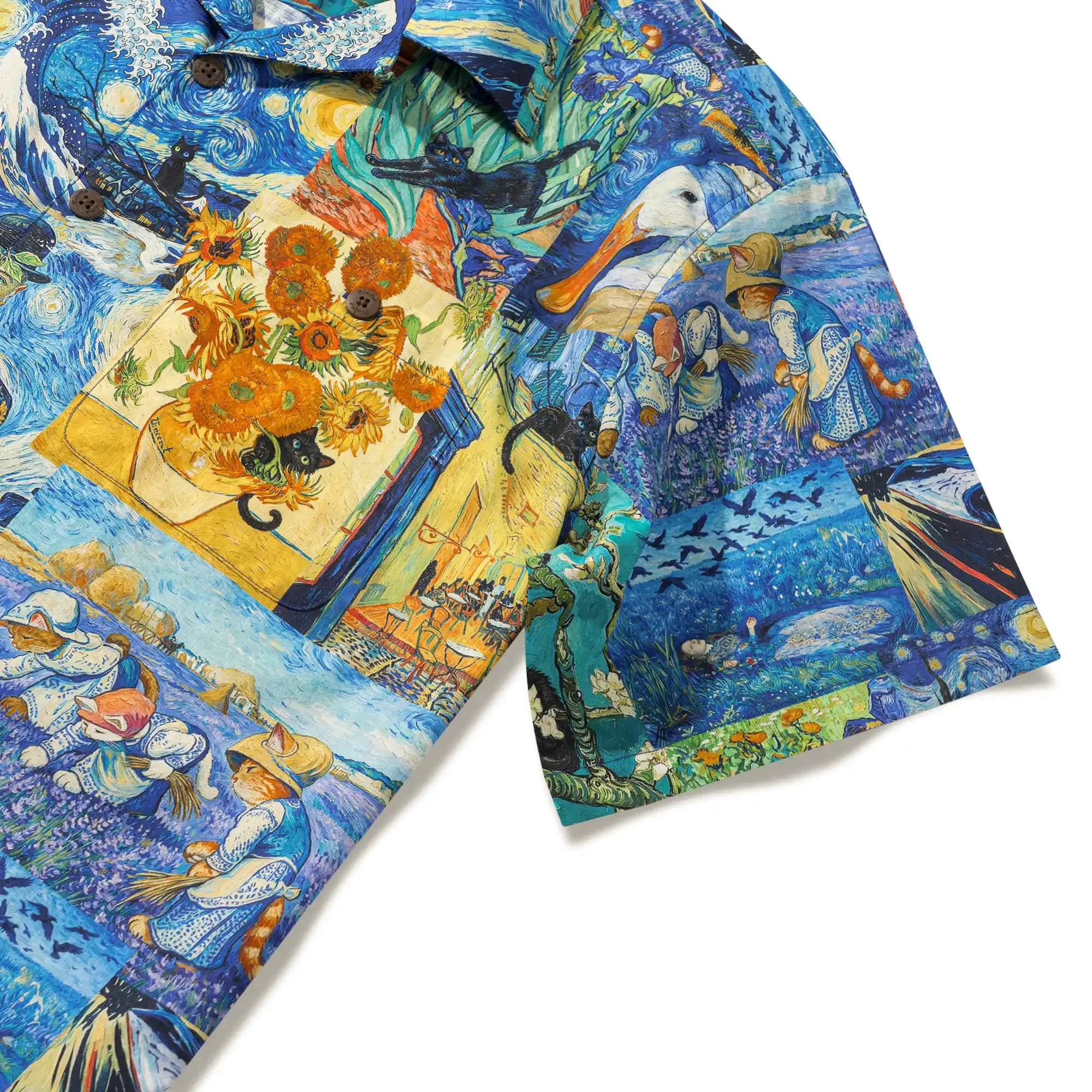 Men's Hawaiian Shirt Short Sleeve Camp Collar 100% Cotton Blue Aloha Starry Night Cat Fantasy