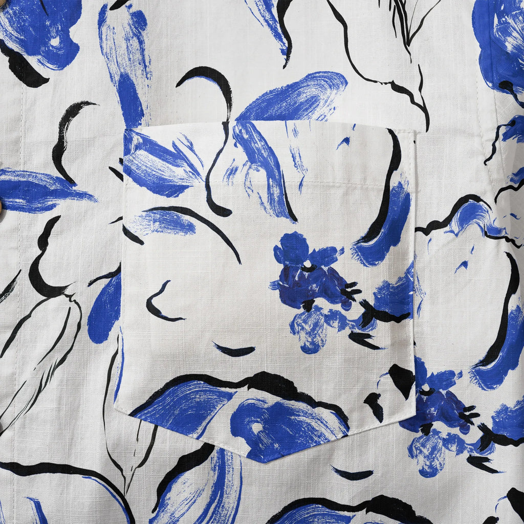 LeosWare® Men's Hawaiian Shirt Short Sleeve Button-up 100% Cotton Blue Aloha Indigo Blossoms Brushstroke