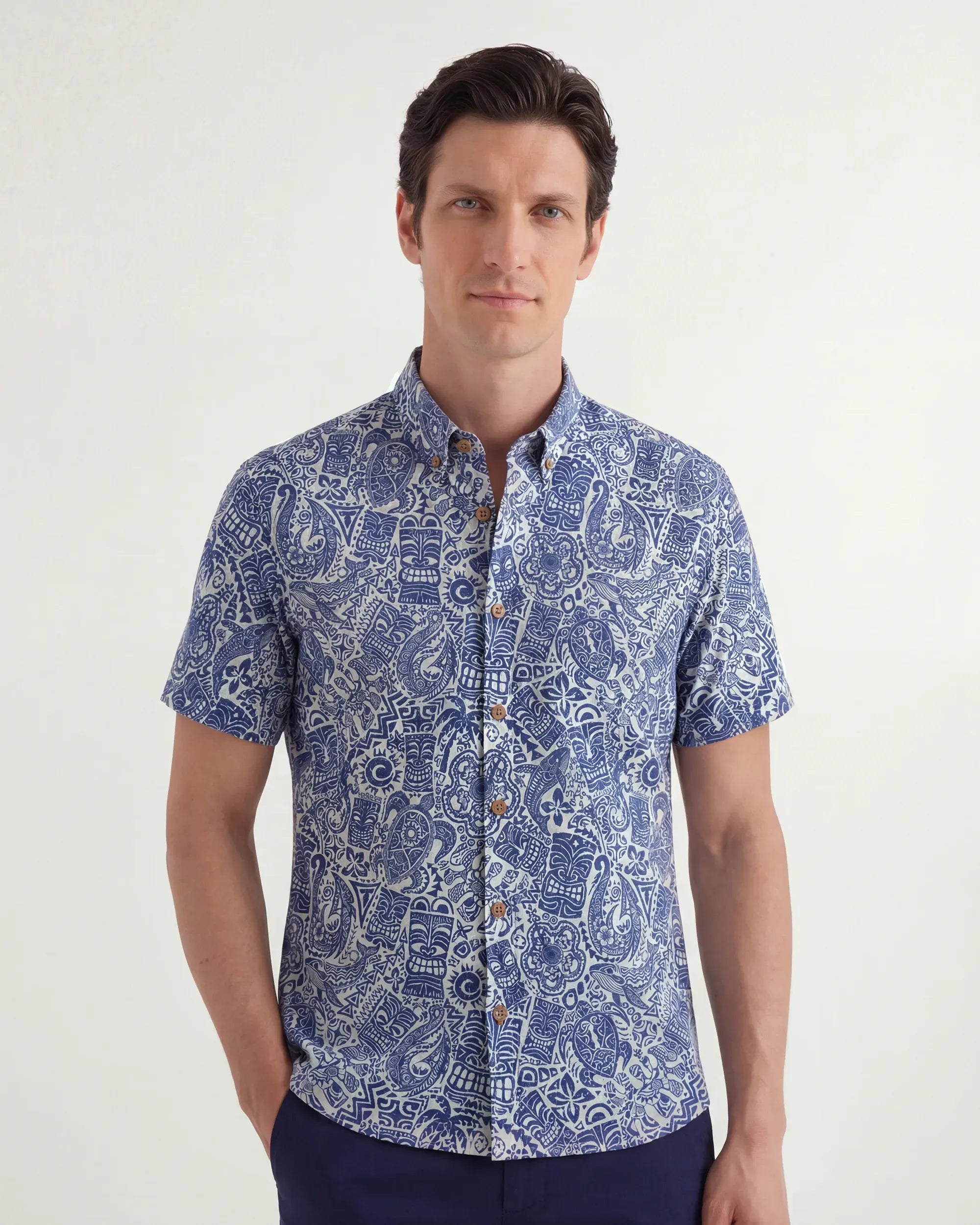 Men's Hawaiian Shirt Short Sleeve Button-down 100% Cotton Blue Aloha Tiki Retro Totem