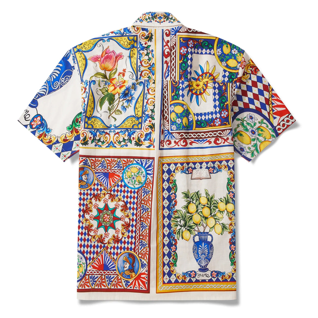Men's Hawaiian Shirt Short Sleeve Button-down 100% Cotton Blue Flower Aloha Lemon Sicily Venice