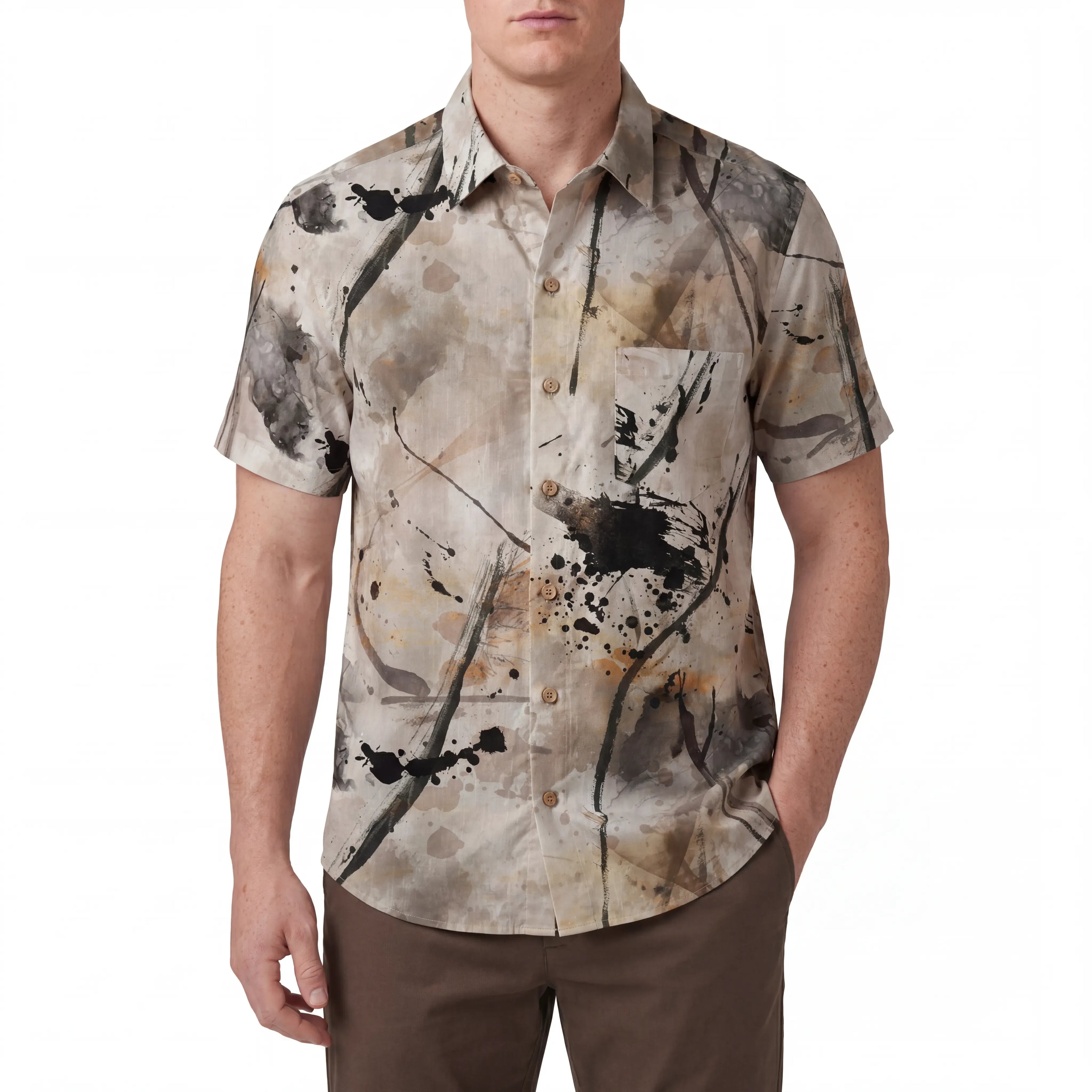LeosWare® Men's Hawaiian Shirt Short Sleeve Button-up 100% Cotton Brown Aloha Journey Of Abstraction