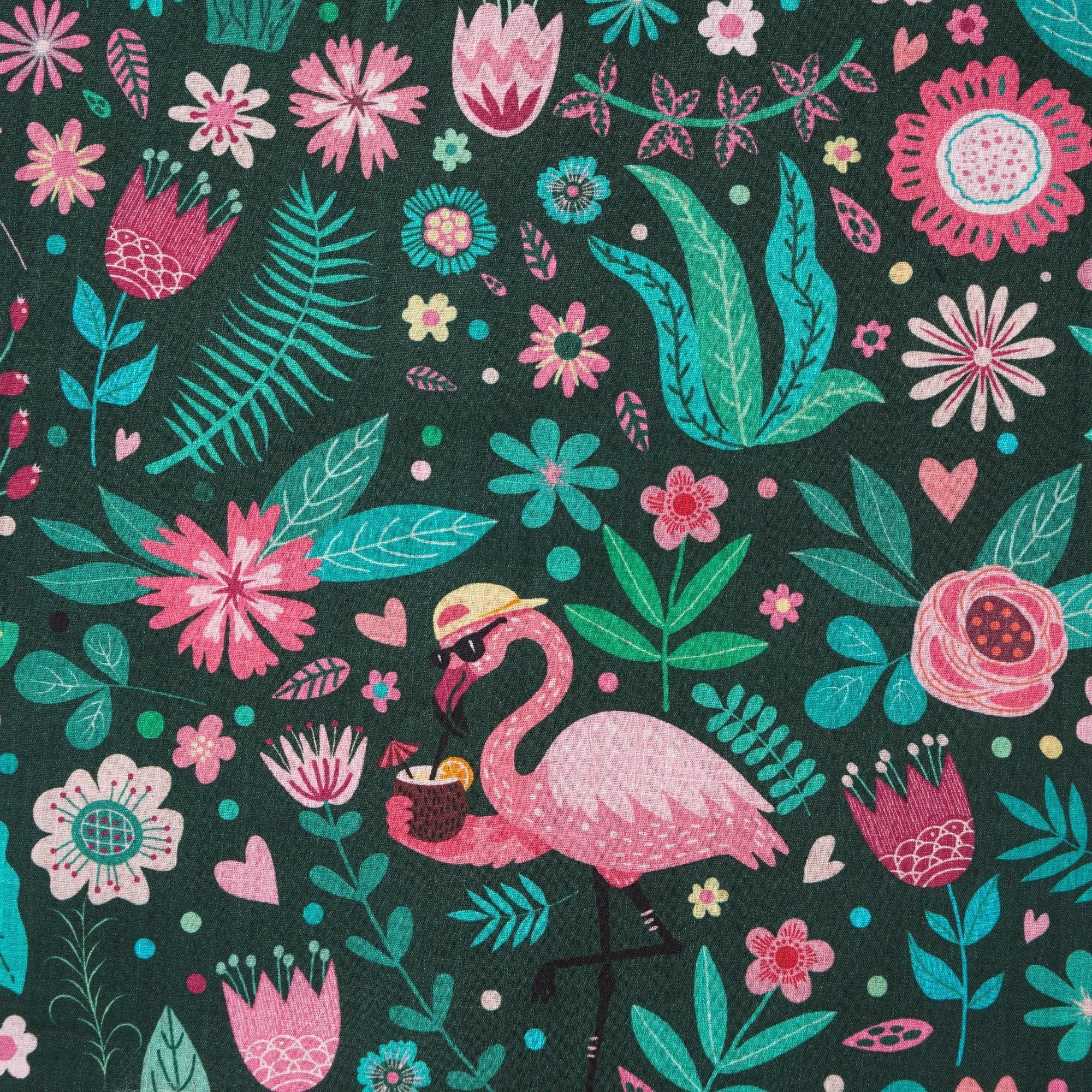 Men's Hawaiian Shirt Short Sleeve Button-down 100% Cotton Green Aloha Blush in the Jungle Flamingo